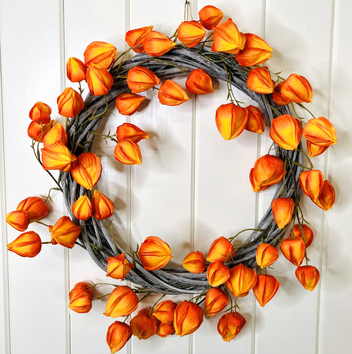 Chinese Laterns On A Chunky Grey Washed Willow Wreath Base