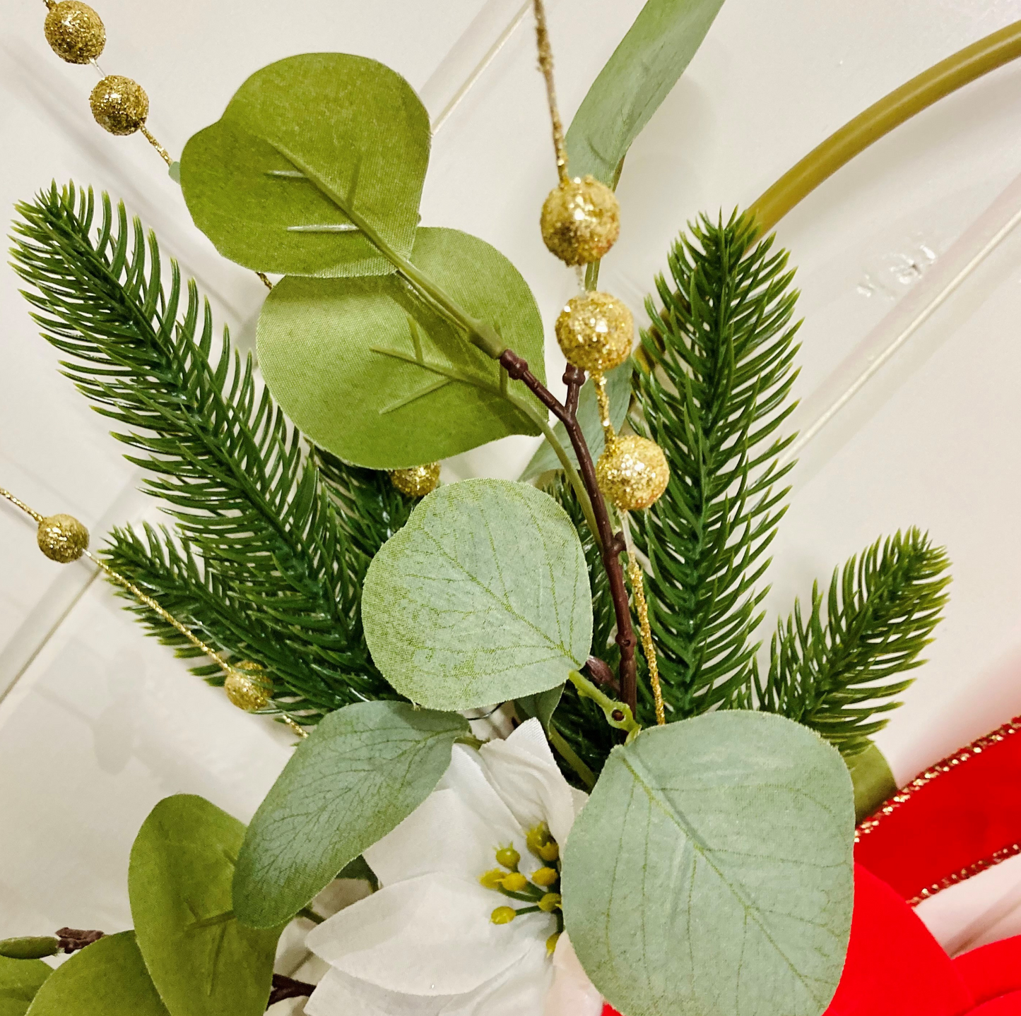 Christmas Poinsettia & Eucalyptus Wreath Presented On A Hoop