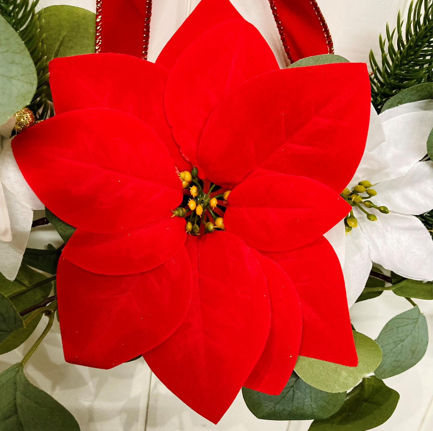 Christmas Poinsettia & Eucalyptus Wreath Presented On A Hoop
