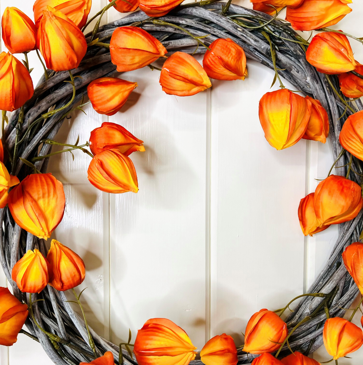Chinese Laterns On A Chunky Grey Washed Willow Wreath Base
