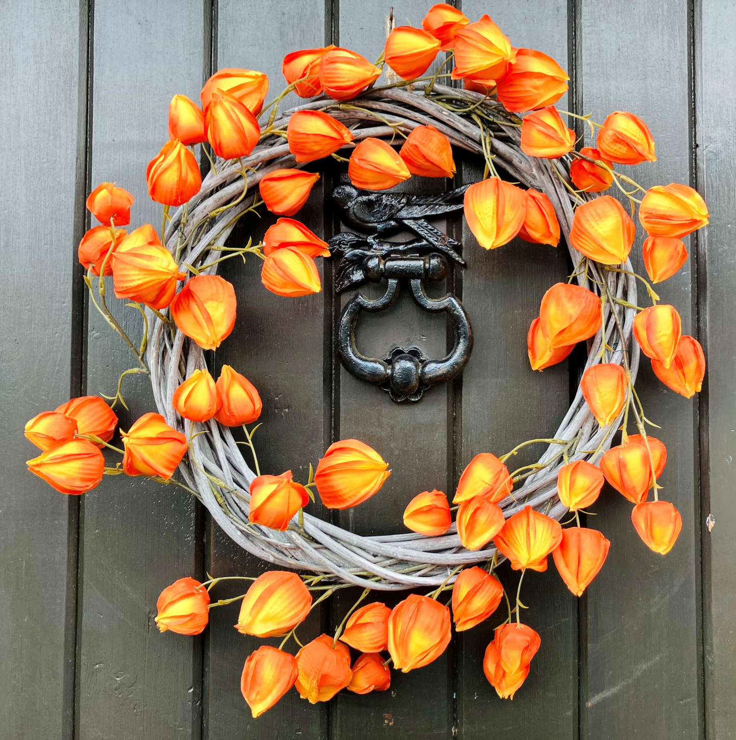 Chinese Laterns On A Chunky Grey Washed Willow Wreath Base