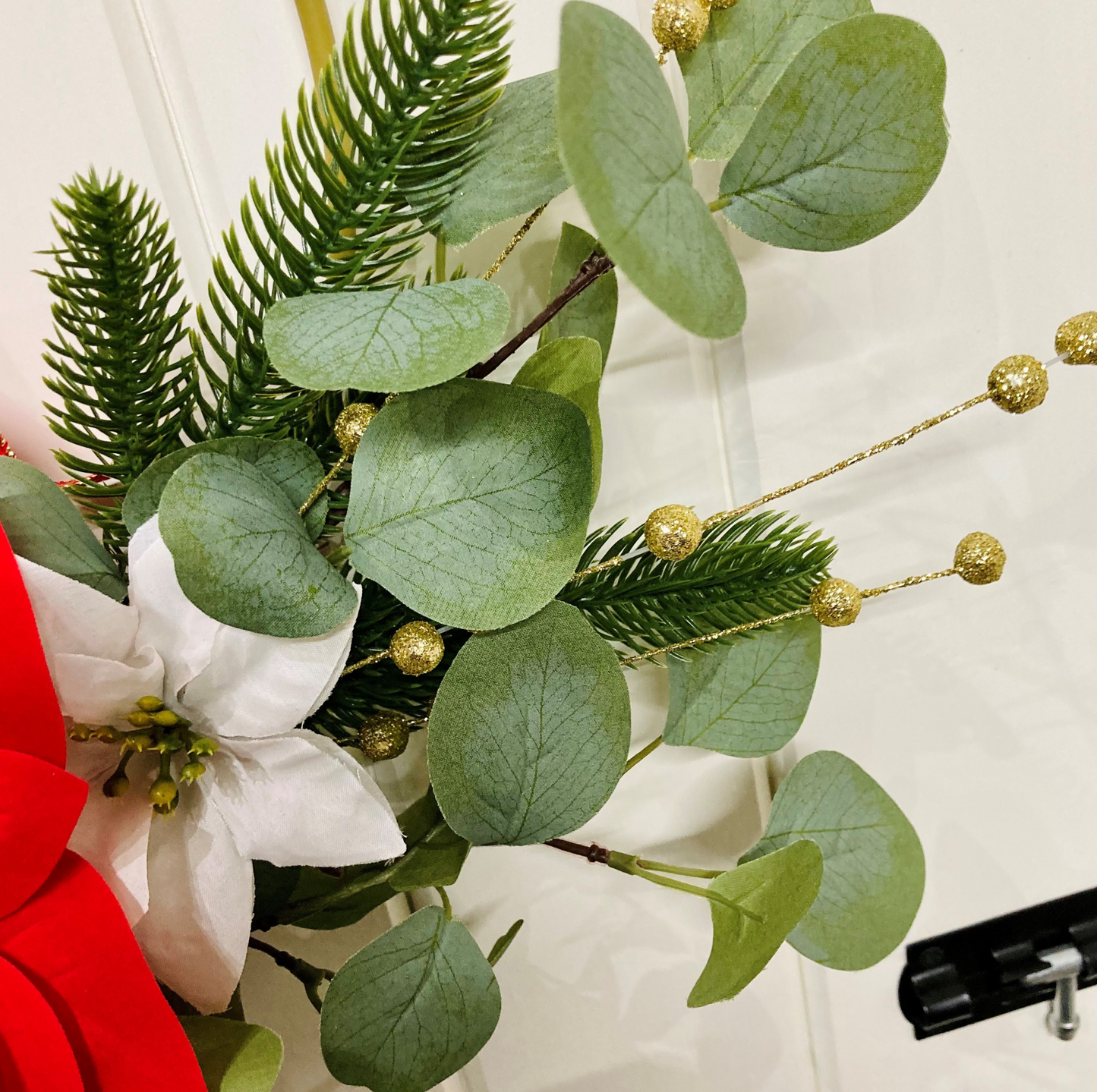 Christmas Poinsettia & Eucalyptus Wreath Presented On A Hoop