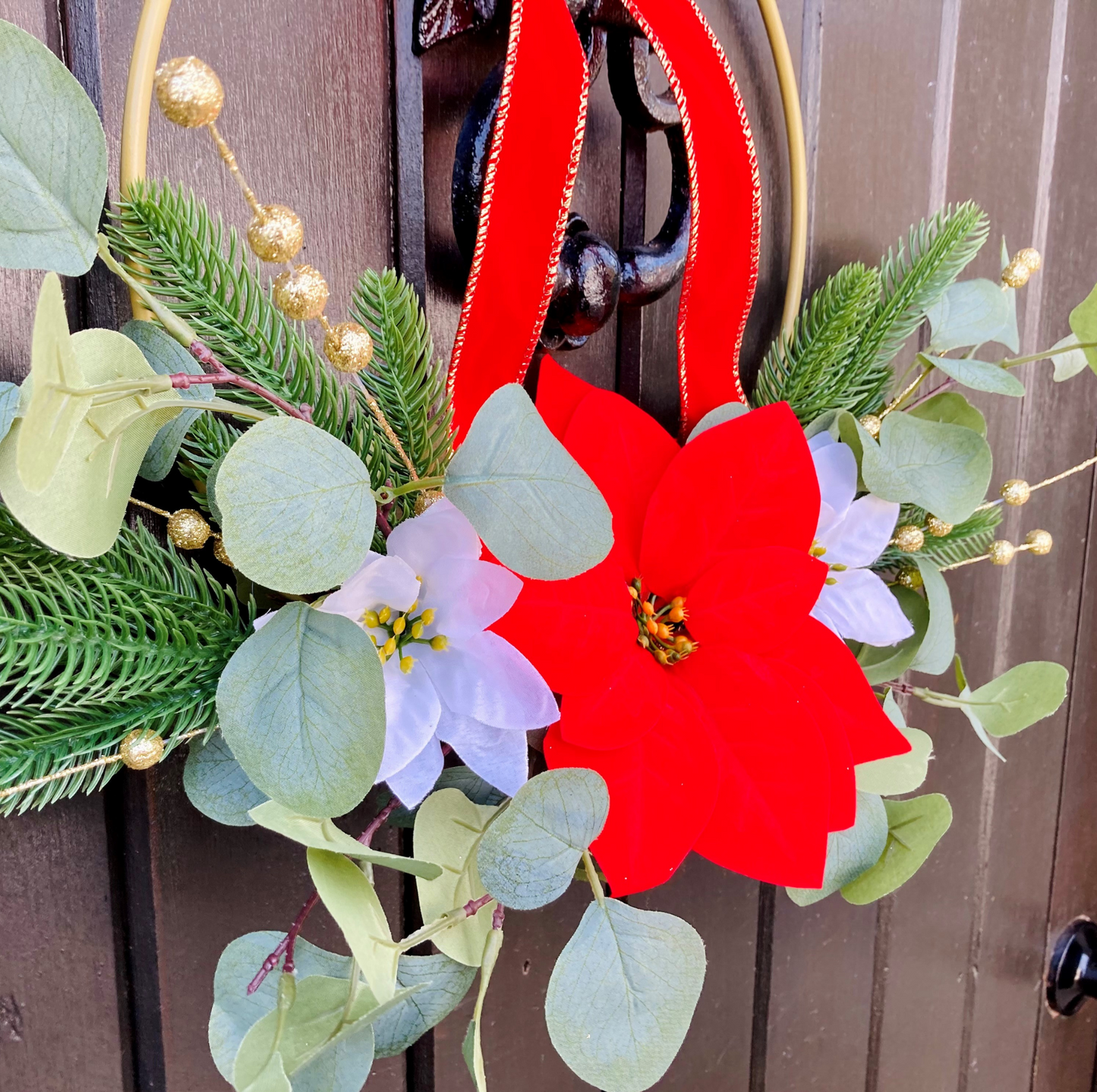Christmas Poinsettia & Eucalyptus Wreath Presented On A Hoop