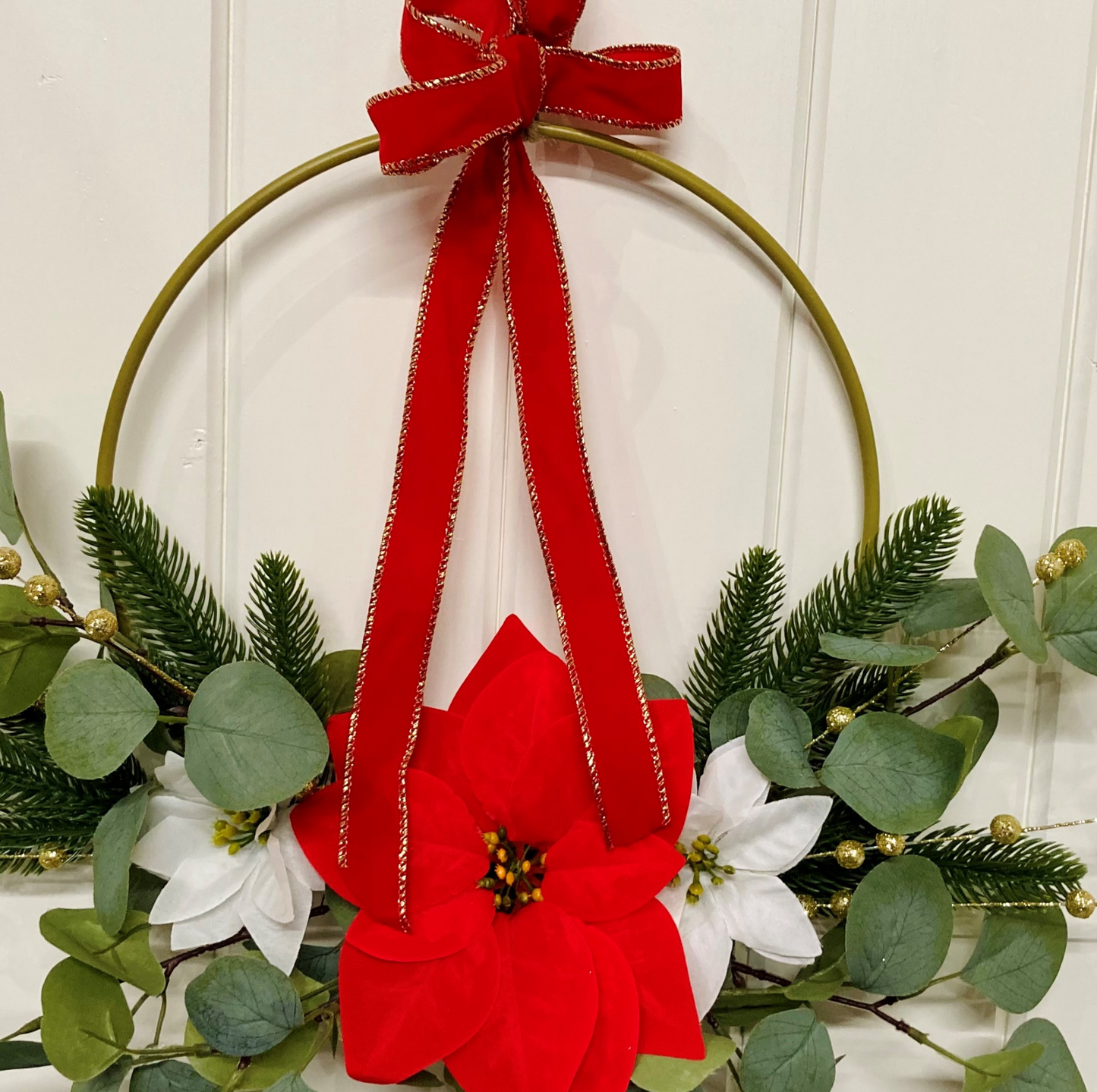 Christmas Poinsettia & Eucalyptus Wreath Presented On A Hoop