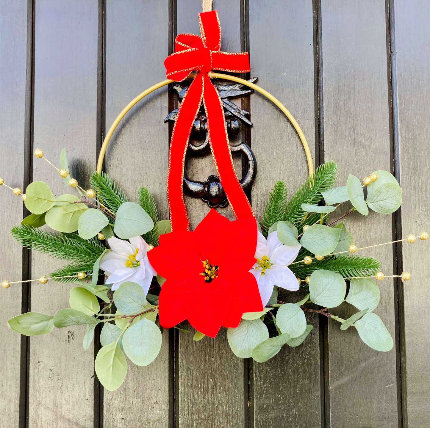 Christmas Poinsettia & Eucalyptus Wreath Presented On A Hoop