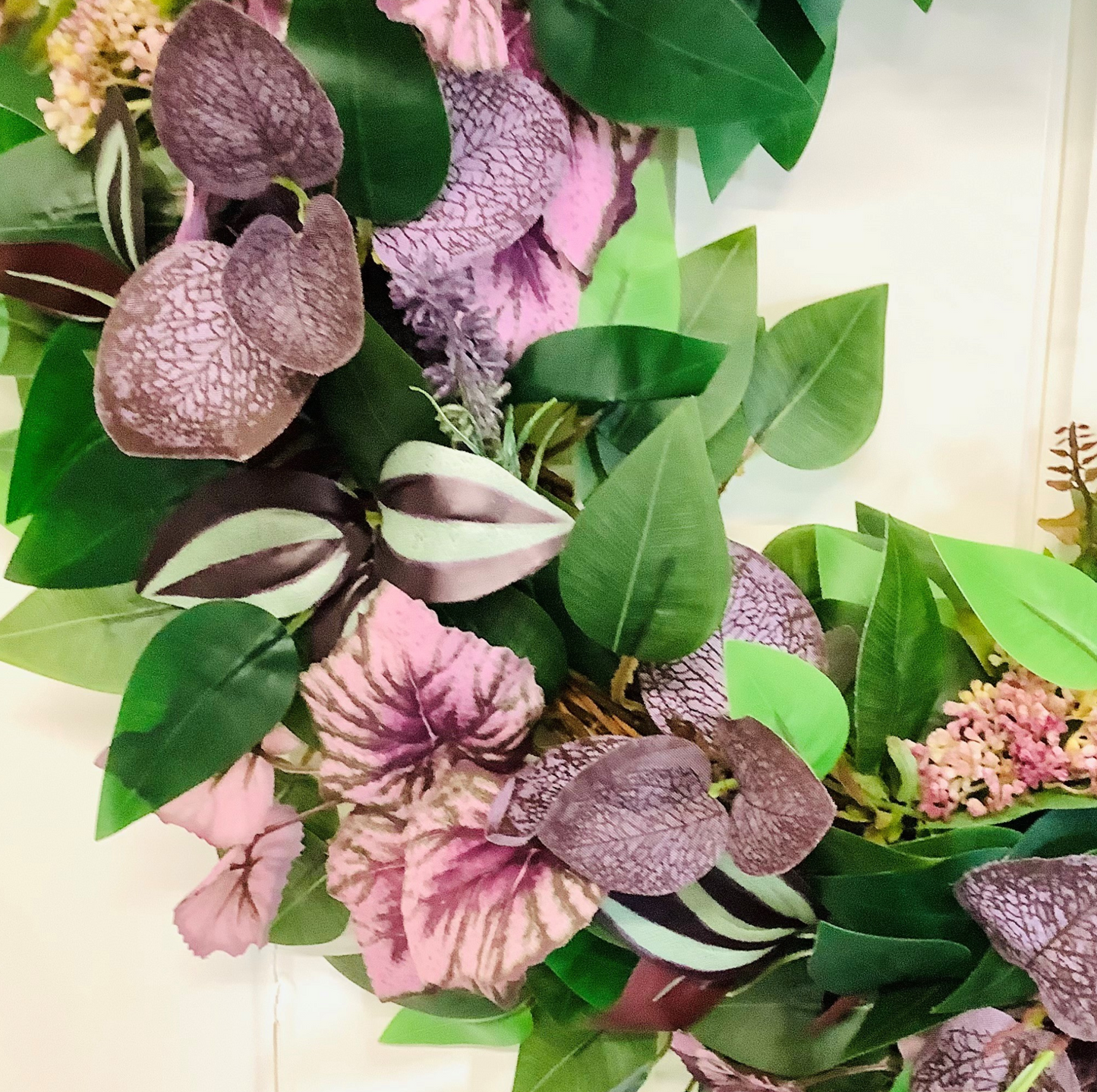 green ficus leaves, purple eucalyptus, mauve angel leaves, tradescantia leaves, autumn winter door wreath