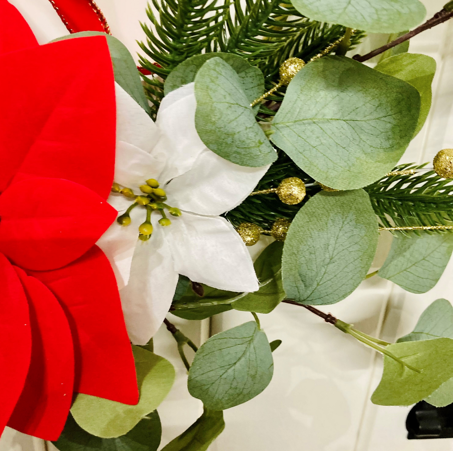 Christmas Poinsettia & Eucalyptus Wreath Presented On A Hoop