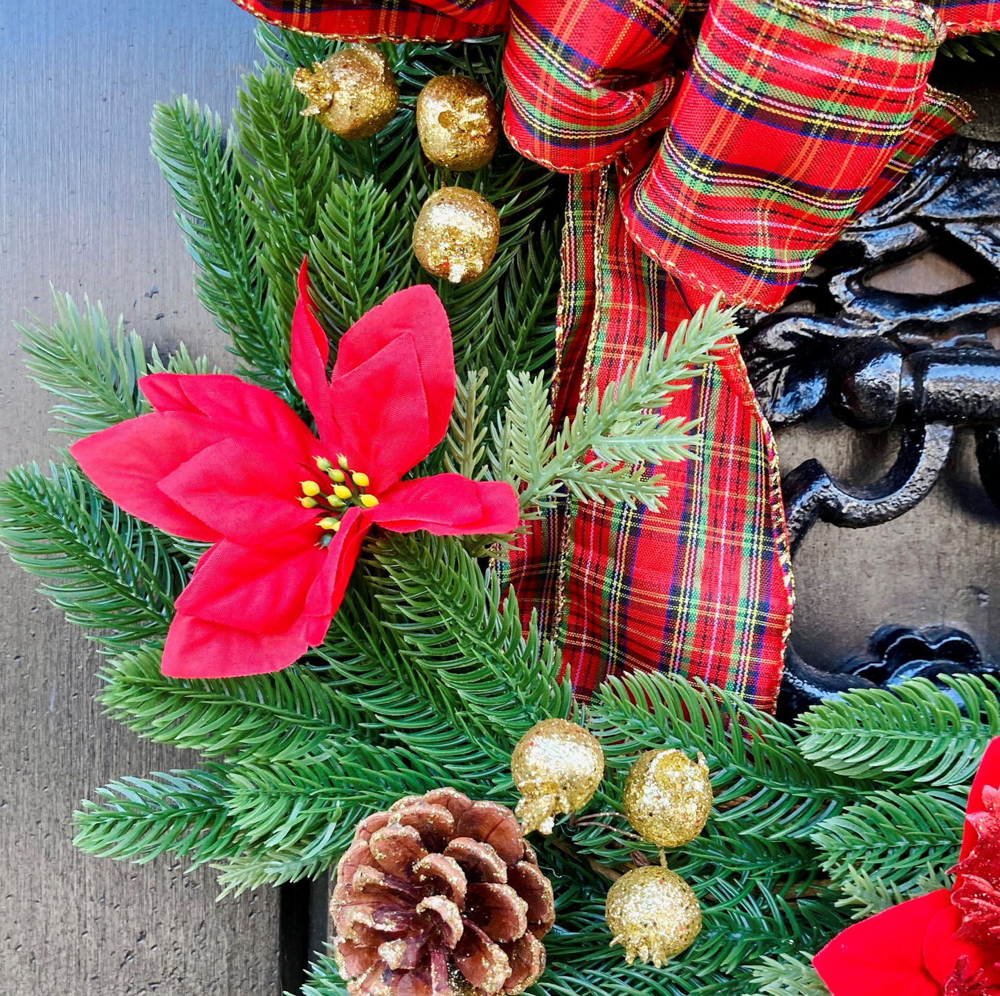 Christmas Wreath Red Poinsettias & Pinecones Finished With A Tartan Bow