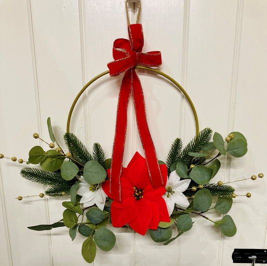 Christmas Poinsettia & Eucalyptus Wreath Presented On A Hoop