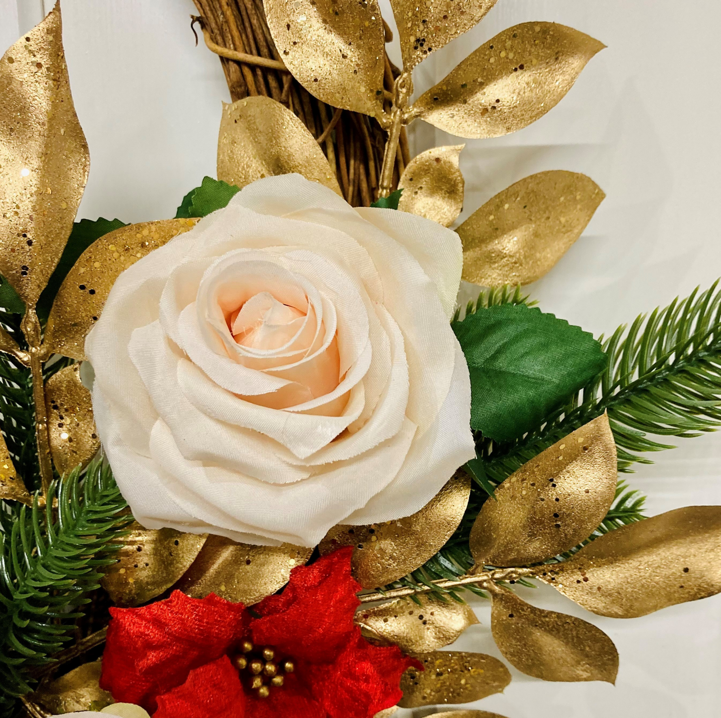 Christmas Ornate Rose and Poinsettia Half Door Wreath