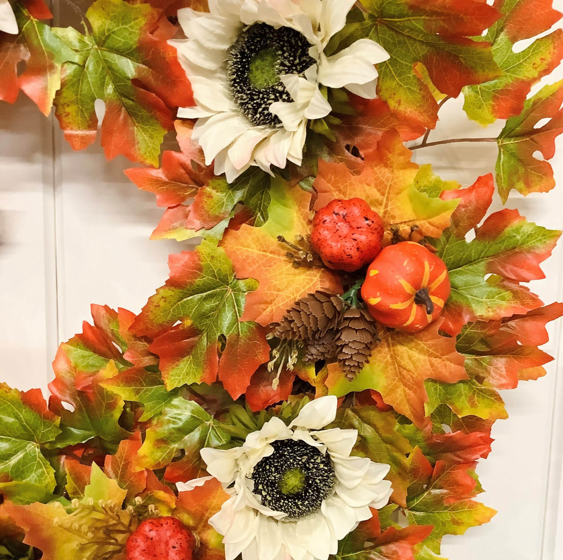 Cream Sunflowers with Pine Cones & Pumpkins set on Autumnal Coloured Crisp Red and Green Maple Leaves on a Grapevine Welcome Door Wreath