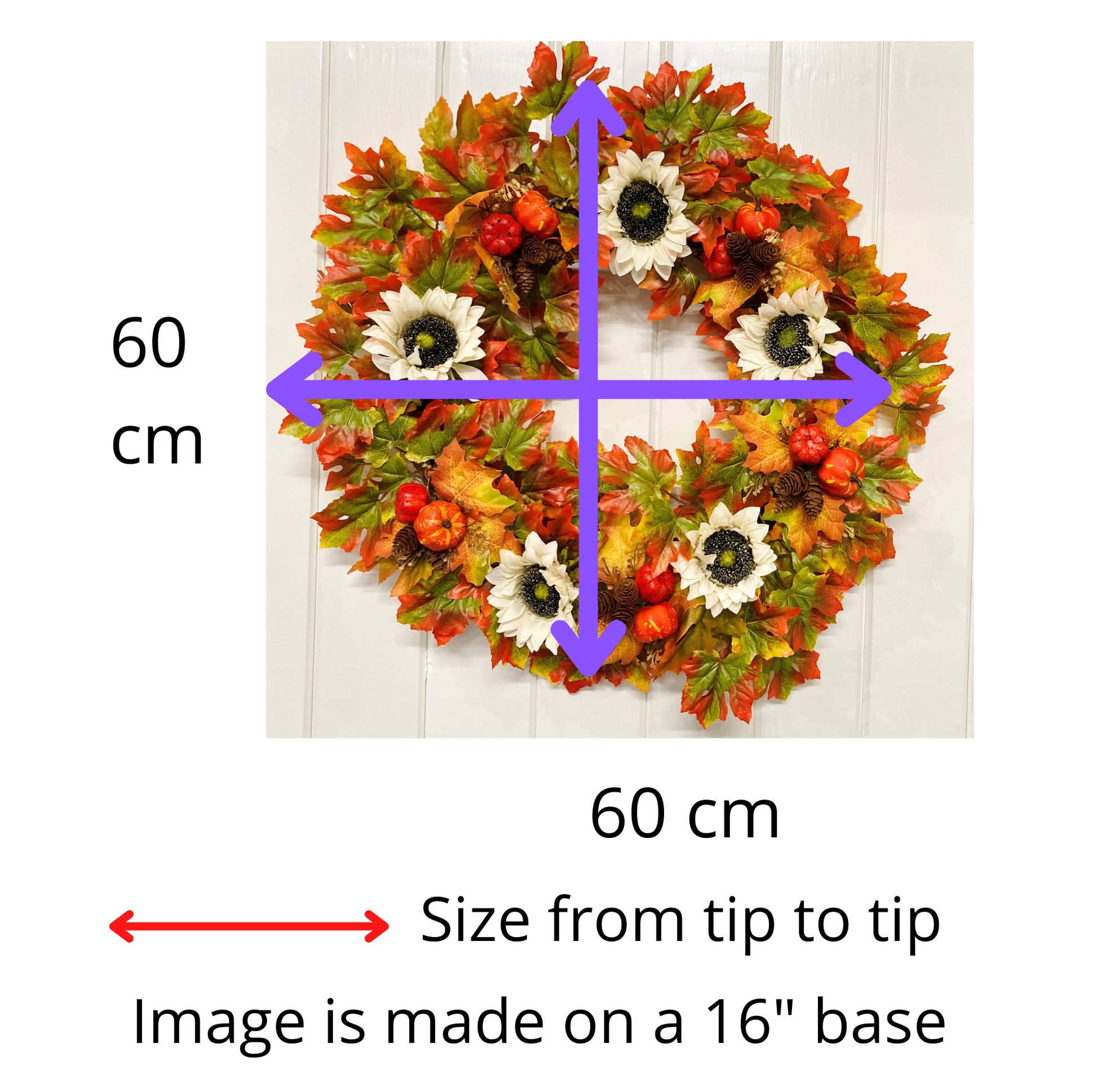 Cream Sunflowers with Pine Cones & Pumpkins set on Autumnal Coloured Crisp Red and Green Maple Leaves on a Grapevine Welcome Door Wreath