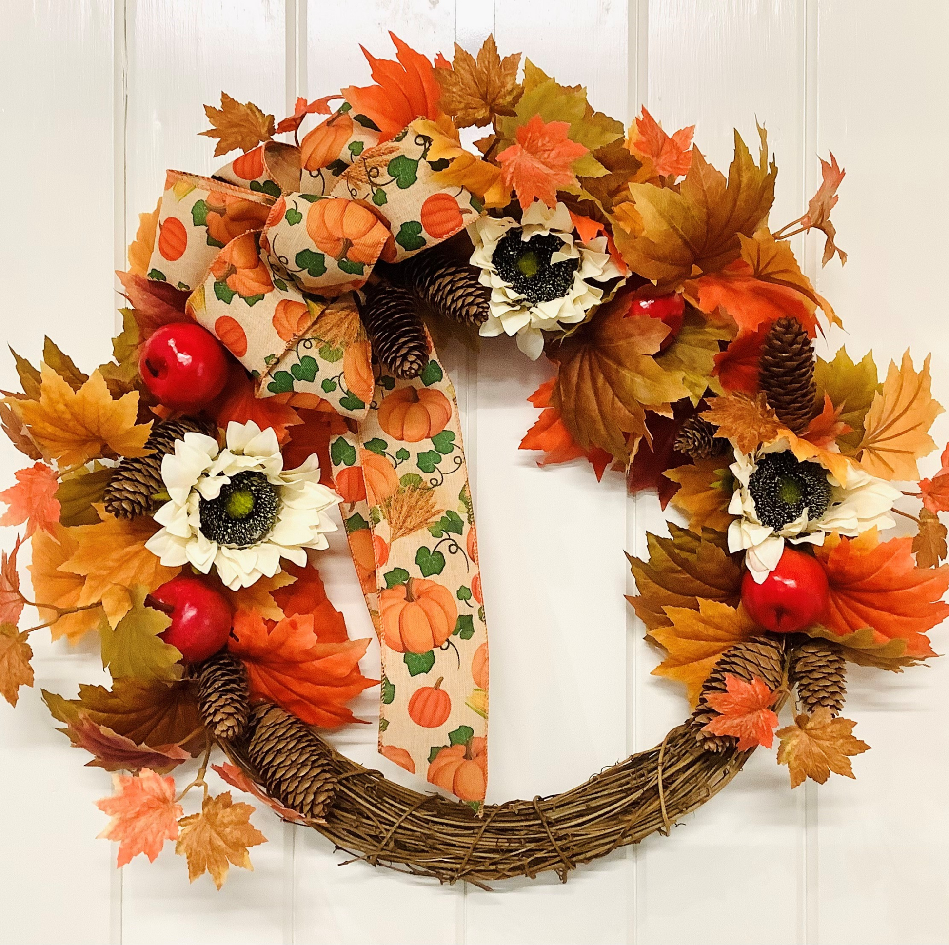 Sunflower & Apples Welcome Door Wreath With A Large Pumpkin Design Bow