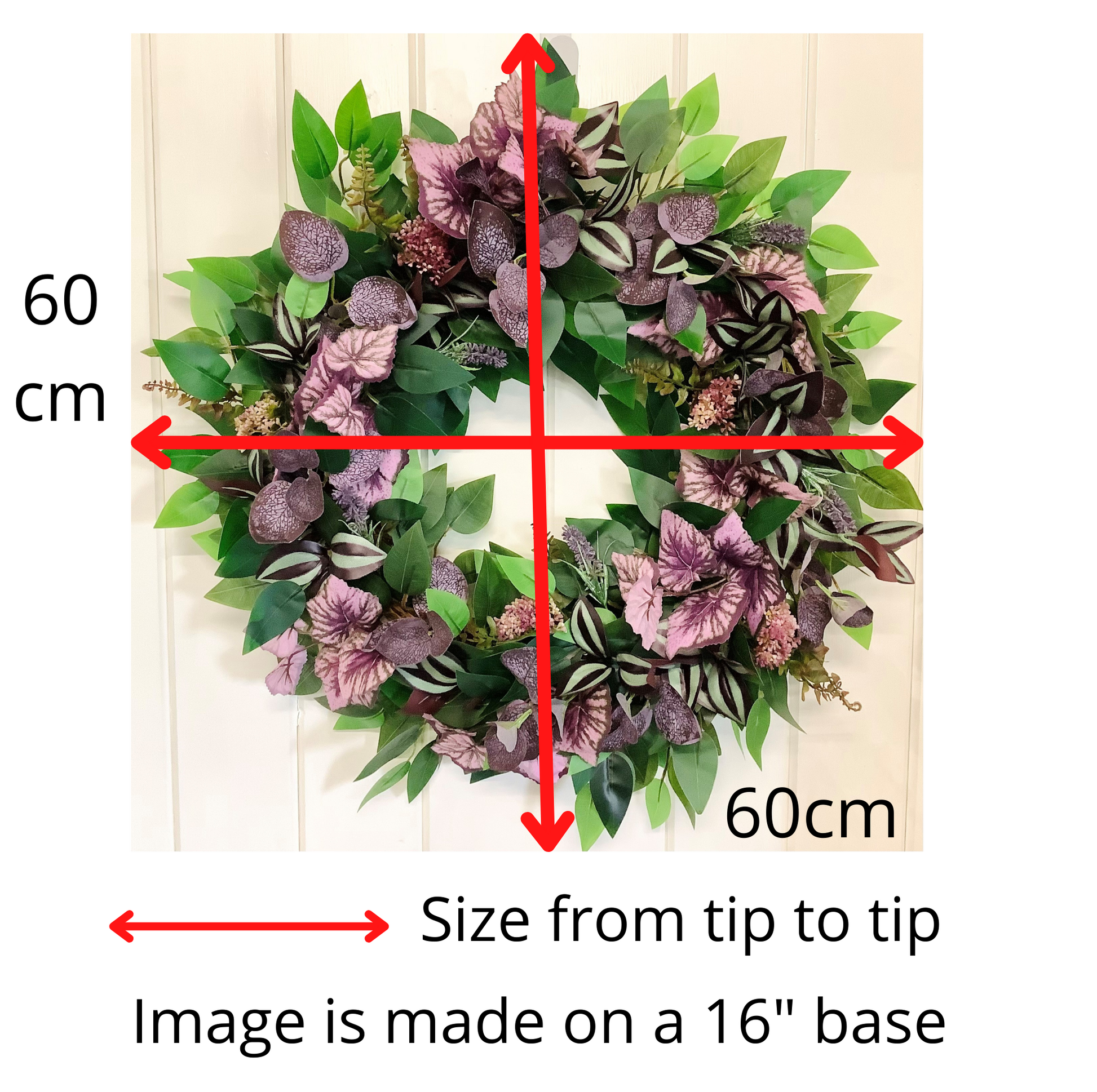 green ficus leaves, purple eucalyptus, mauve angel leaves, tradescantia leaves, autumn winter door wreath