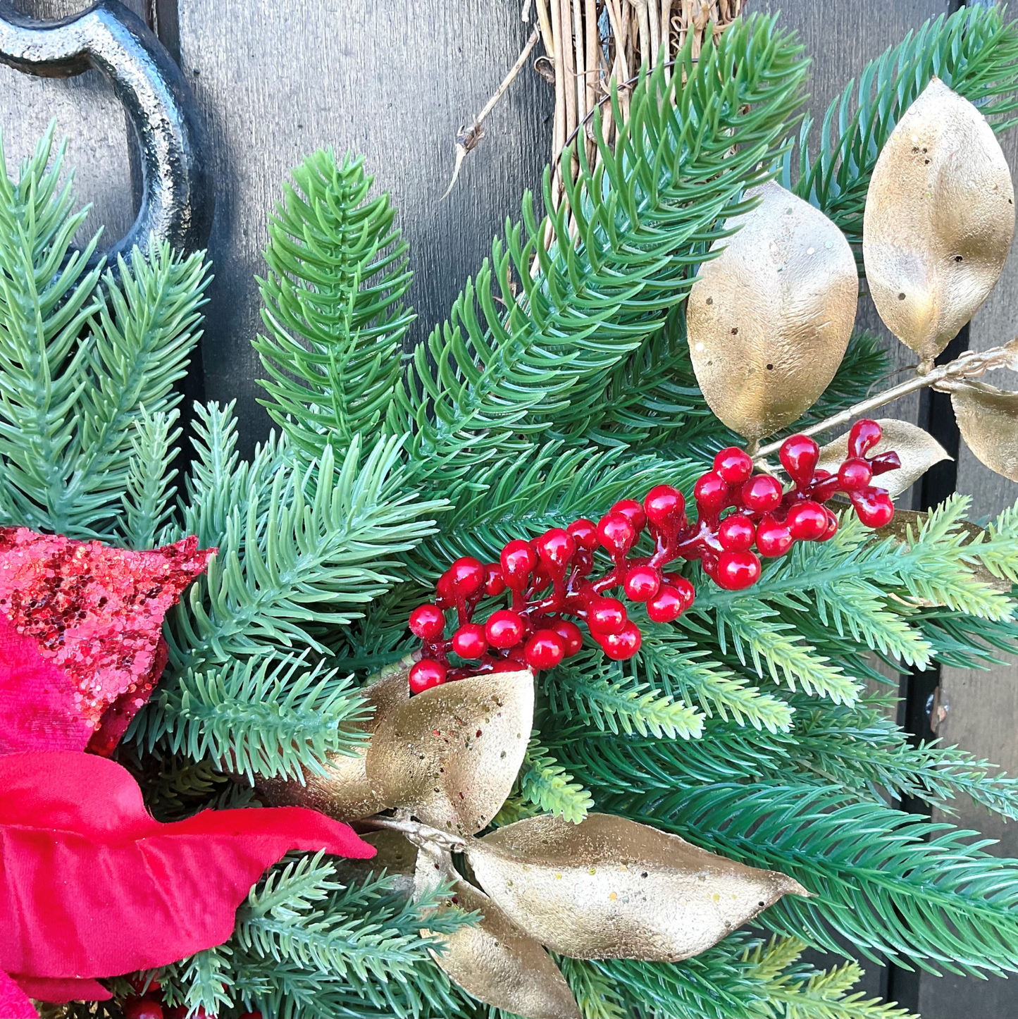 Red Poinsettia Red Berries On Gold Beech Leaves and Green Pines Half Style Door Wreath