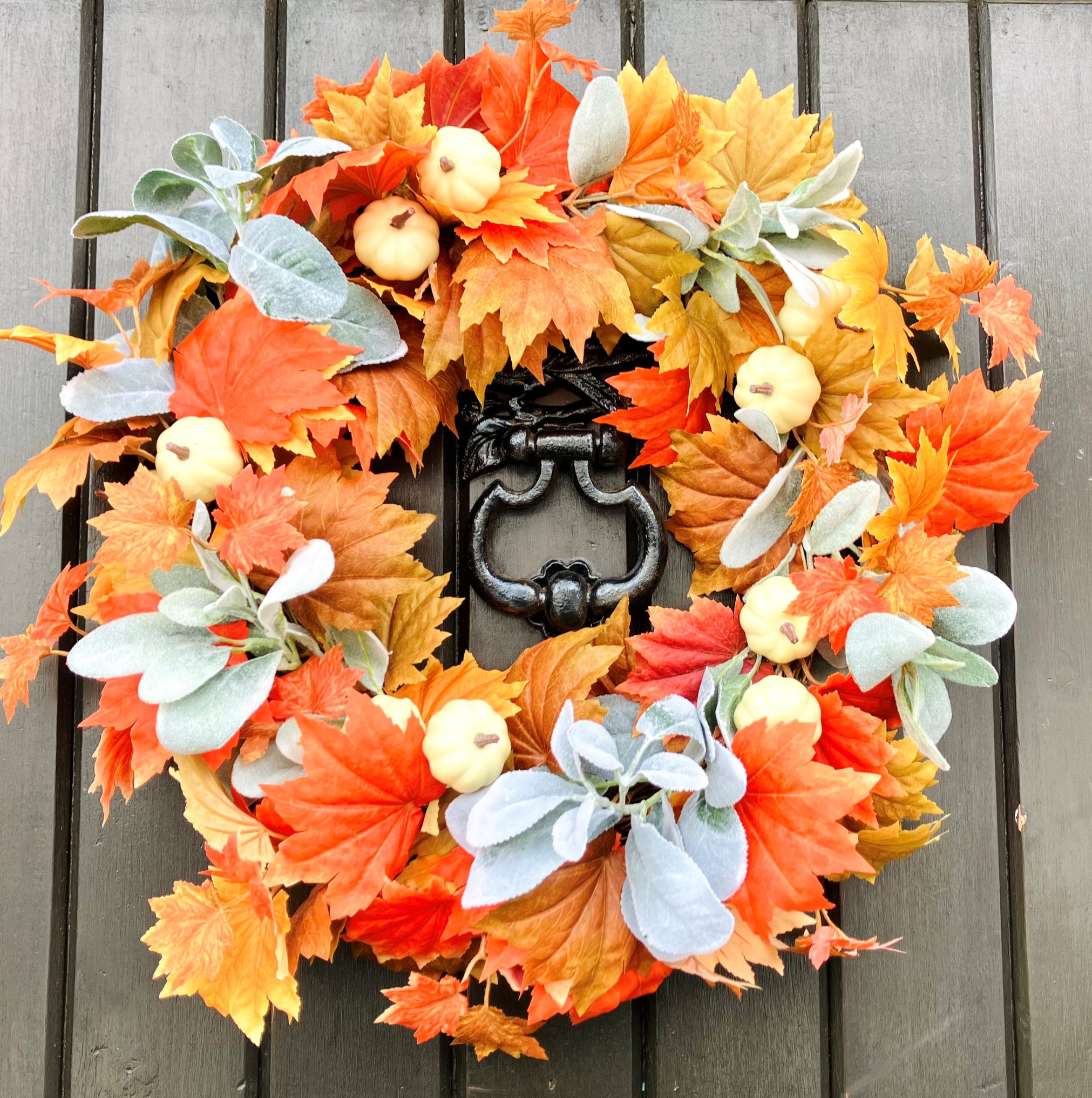 Autumnal coloured crisp Maple leaves, Lamb’s Ears and Pumpkins Door Wreath