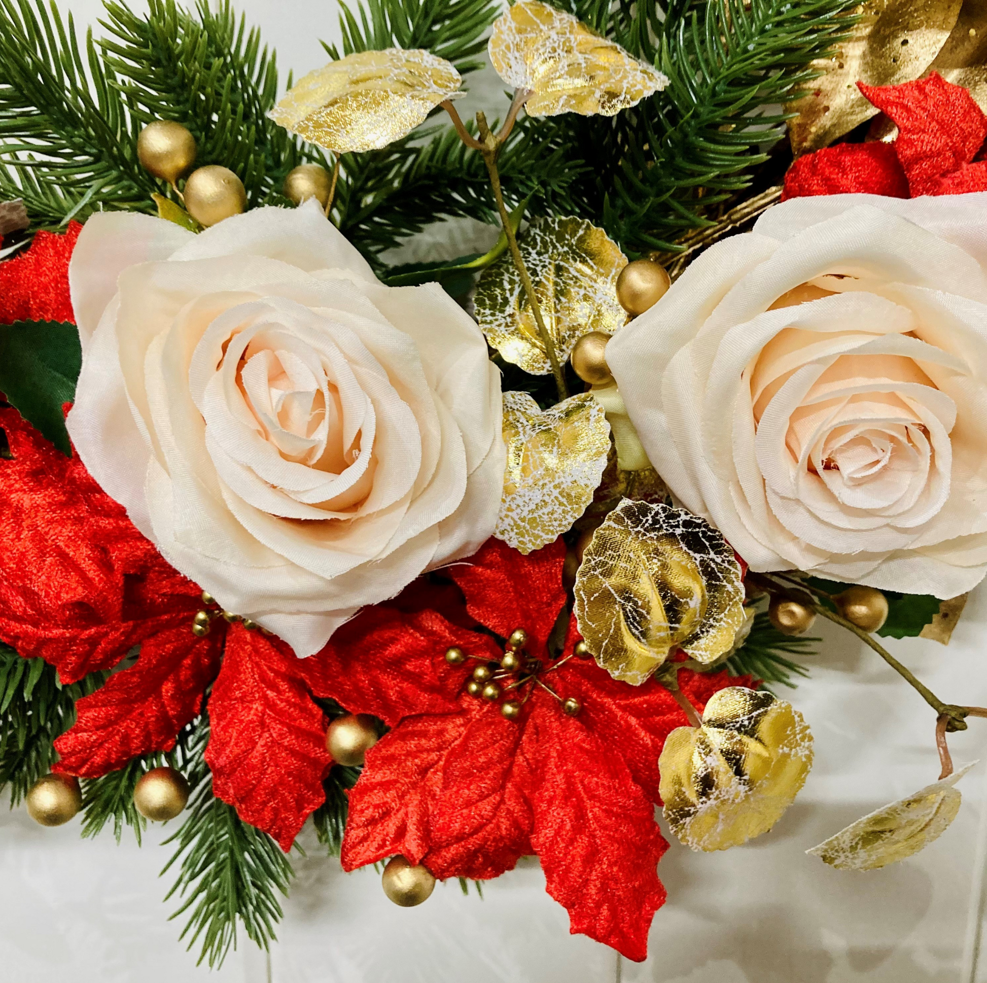 Christmas Ornate Rose and Poinsettia Half Door Wreath