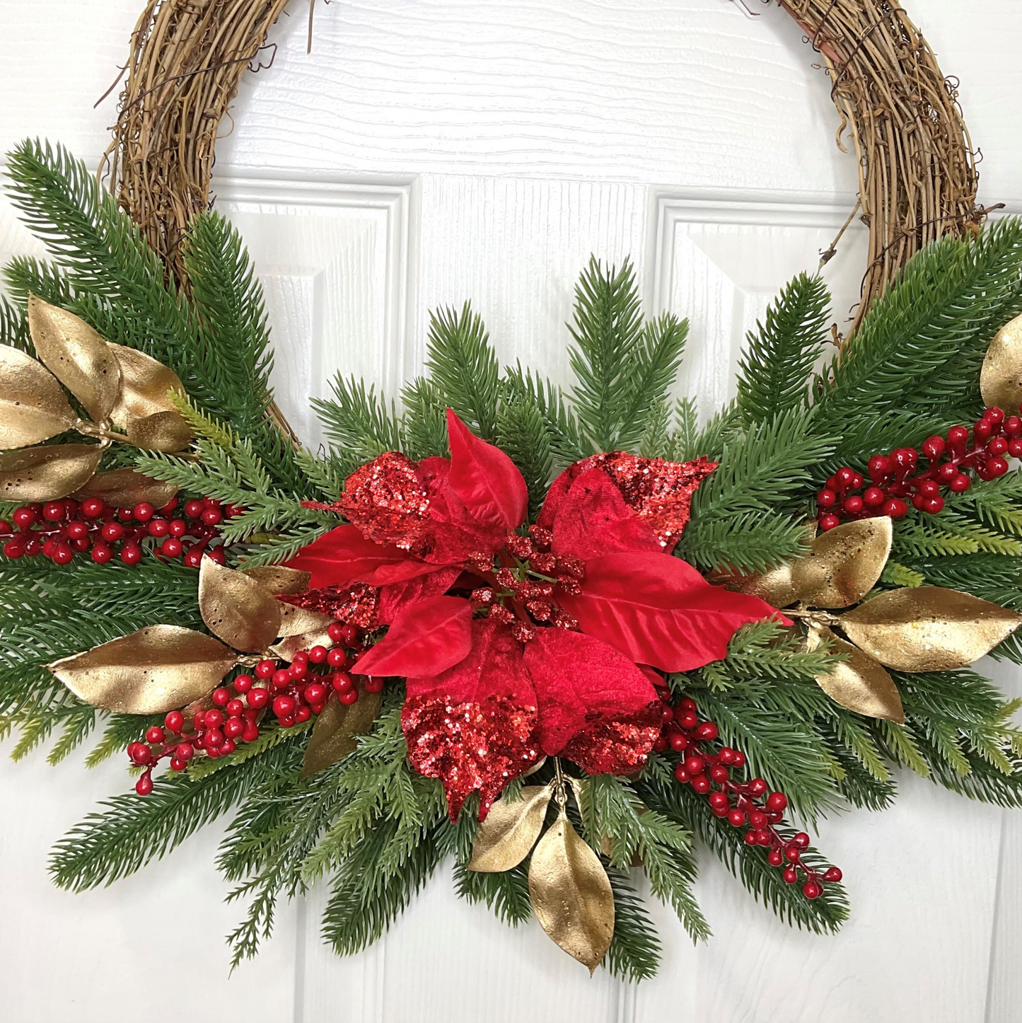 Red Poinsettia Red Berries On Gold Beech Leaves and Green Pines Half Style Door Wreath