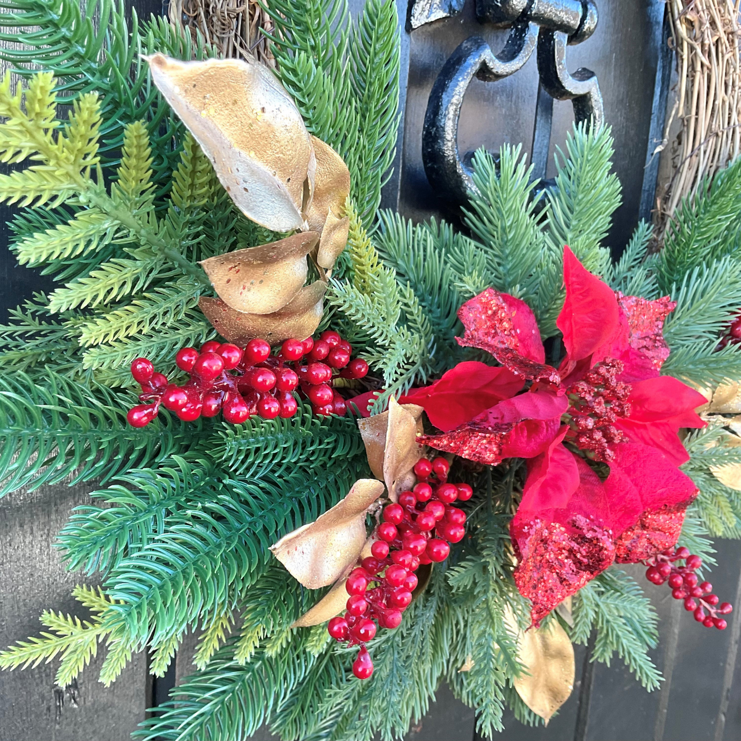 Red Poinsettia Red Berries On Gold Beech Leaves and Green Pines Half Style Door Wreath