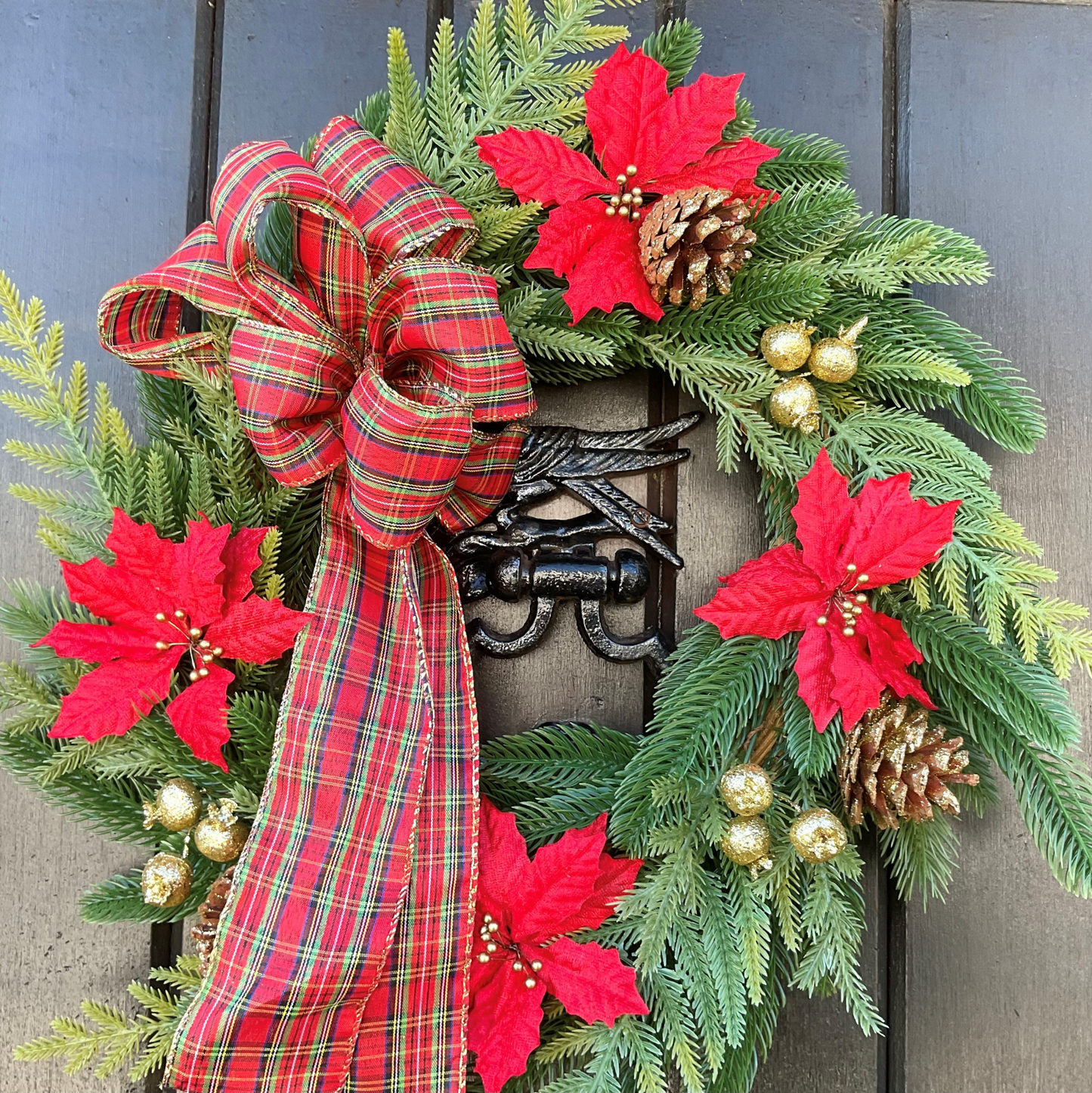 Christmas Wreath Red Poinsettias & Pinecones Finished With A Tartan Bow