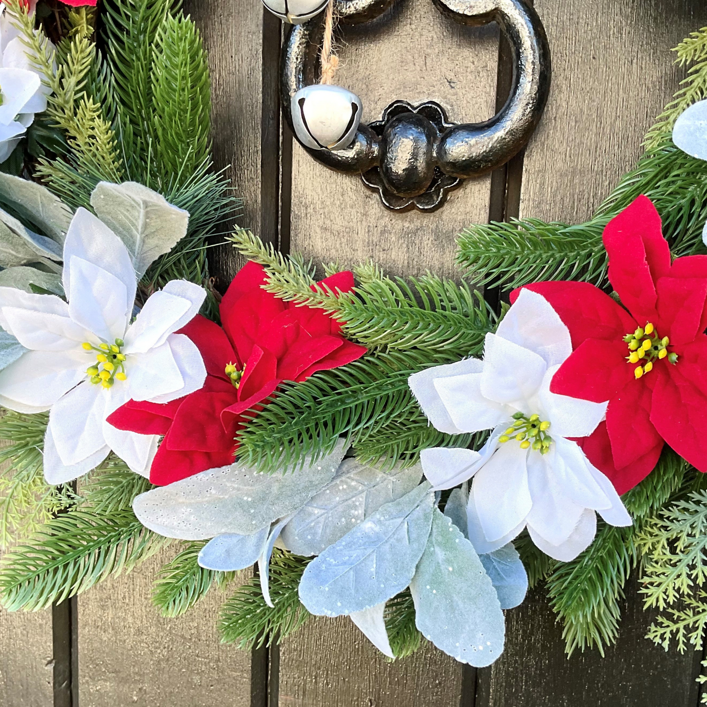 Red and White Poinsettia's Christmas Door Wreath, Set on Lamb's Ears, Cedar Leaves, Pines