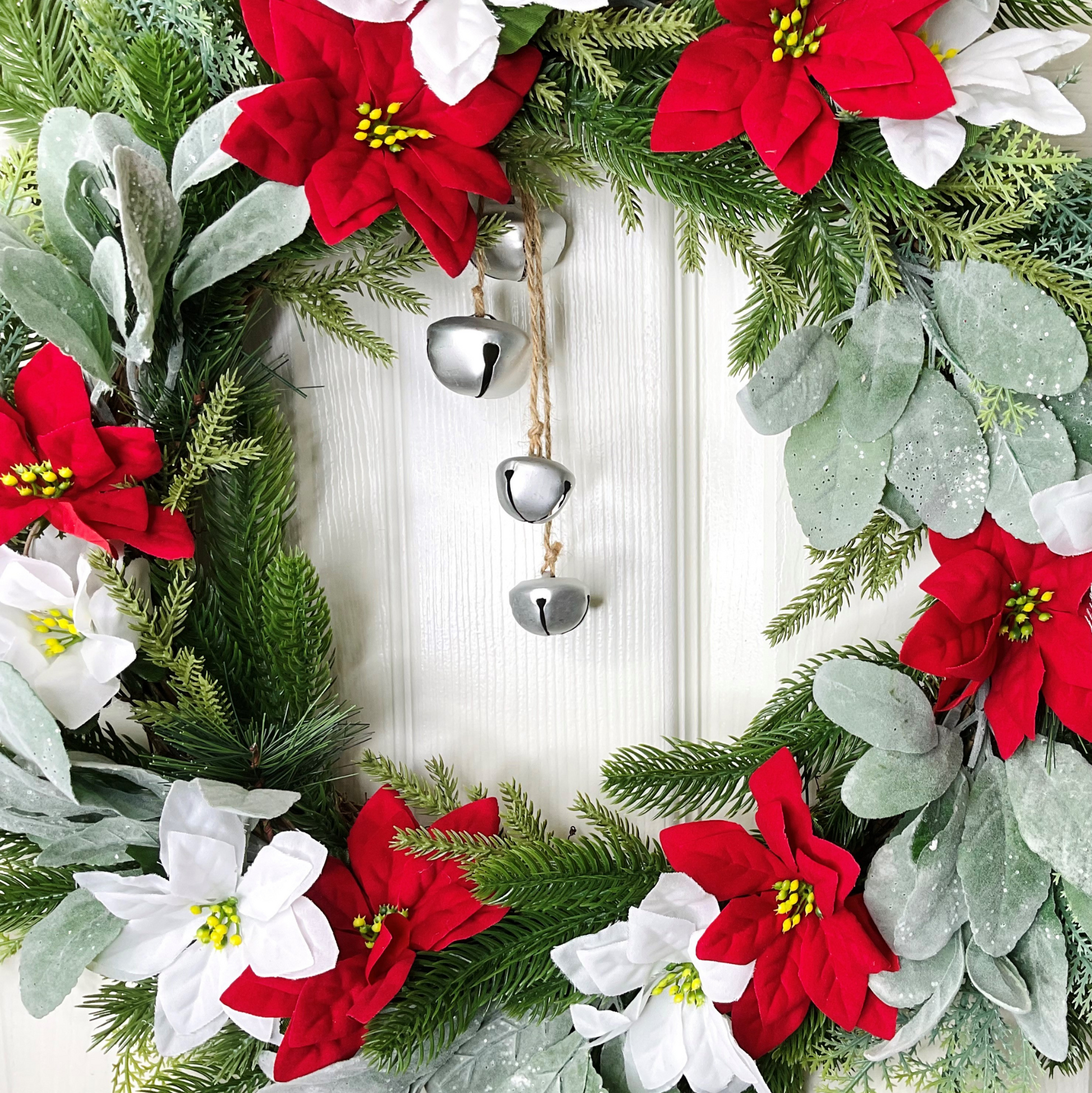 Red and White Poinsettia's Christmas Door Wreath, Set on Lamb's Ears, Cedar Leaves, Pines