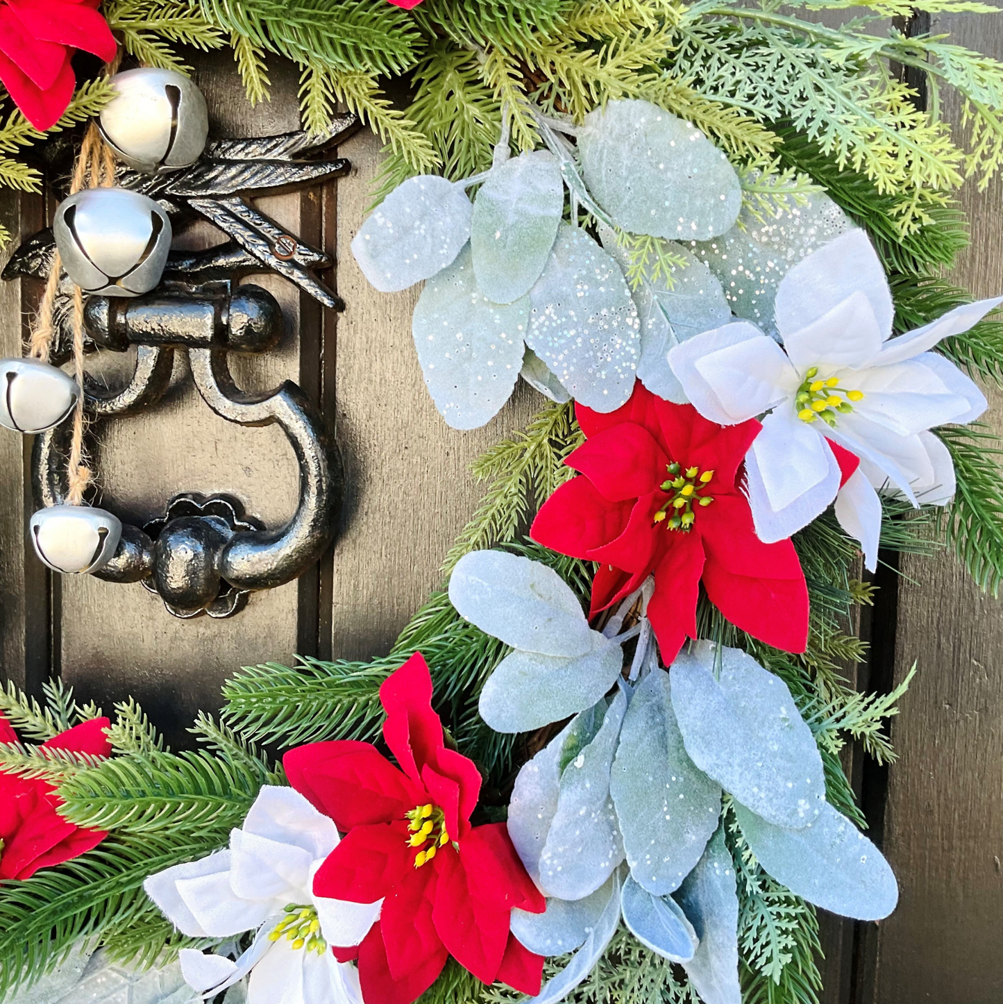 Red and White Poinsettia's Christmas Door Wreath, Set on Lamb's Ears, Cedar Leaves, Pines