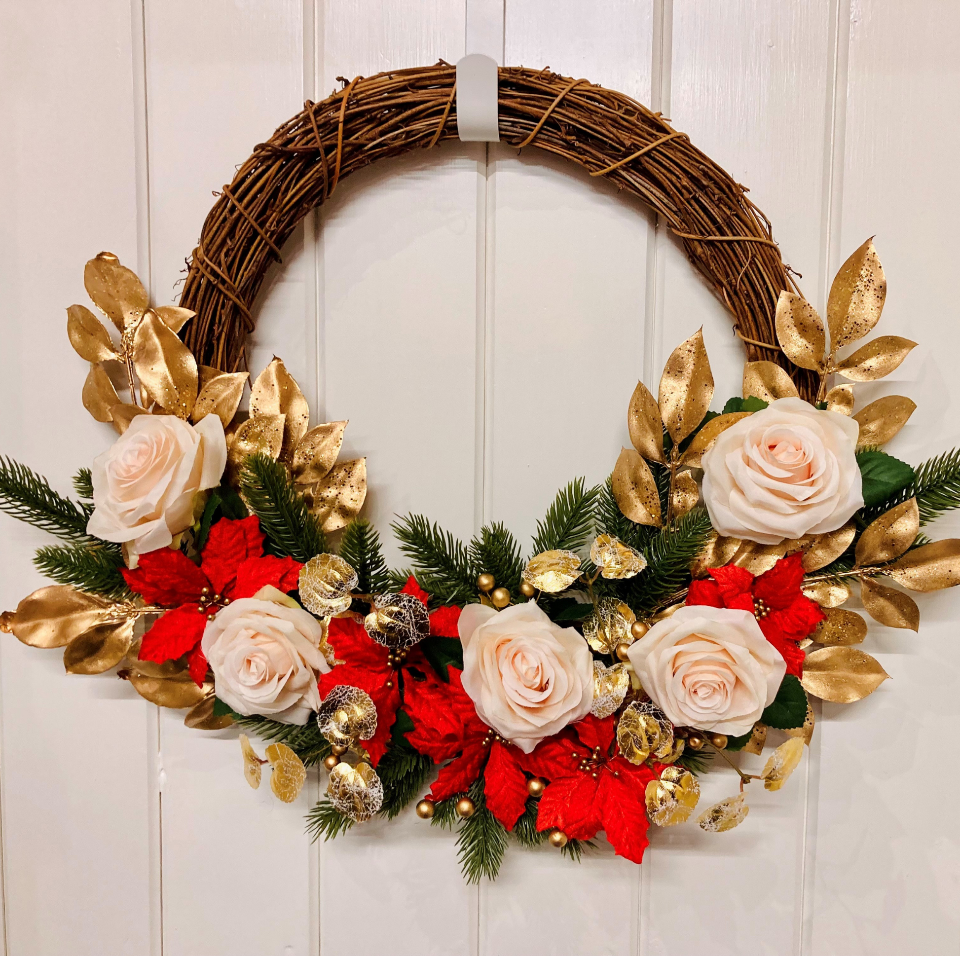 Christmas Ornate Rose and Poinsettia Half Door Wreath