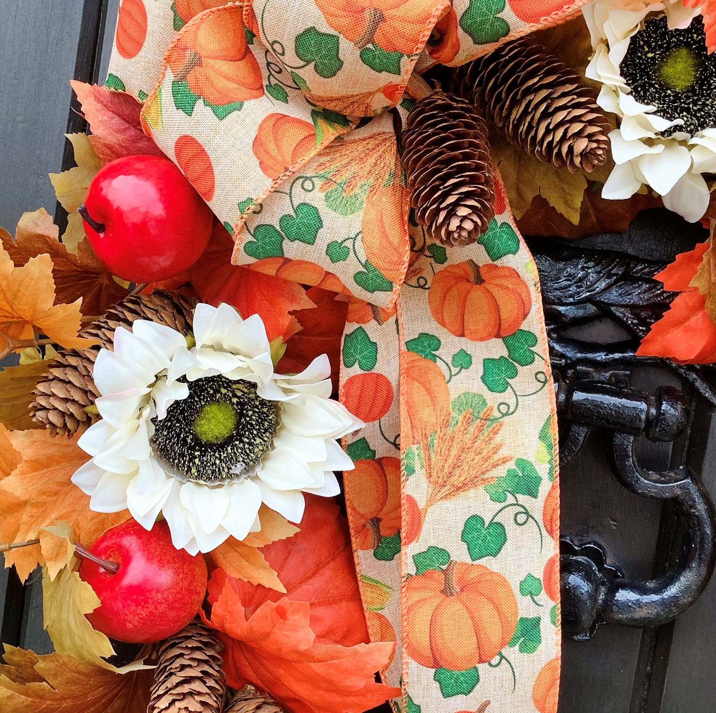 Sunflower & Apples Welcome Door Wreath With A Large Pumpkin Design Bow