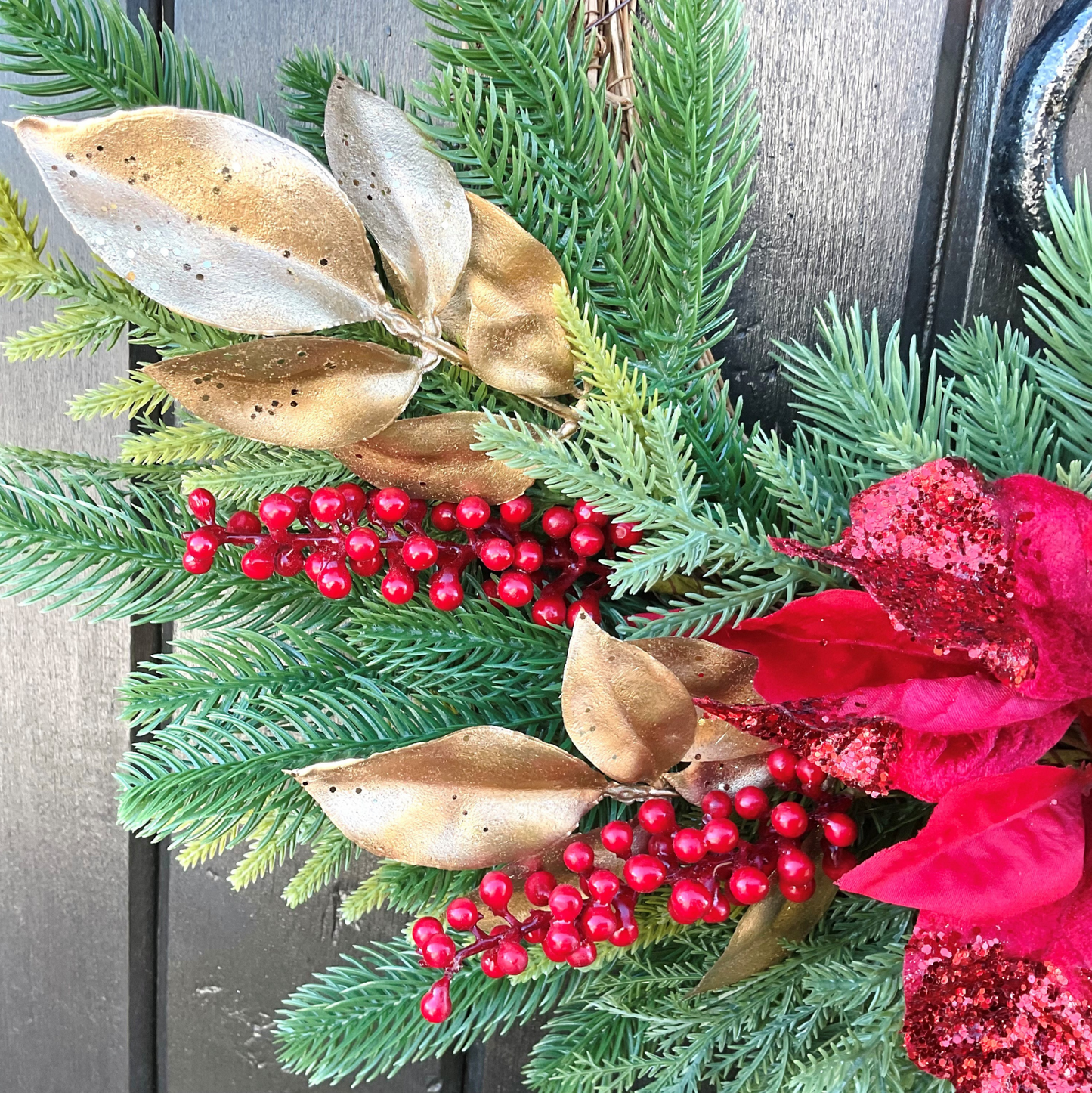 Red Poinsettia Red Berries On Gold Beech Leaves and Green Pines Half Style Door Wreath