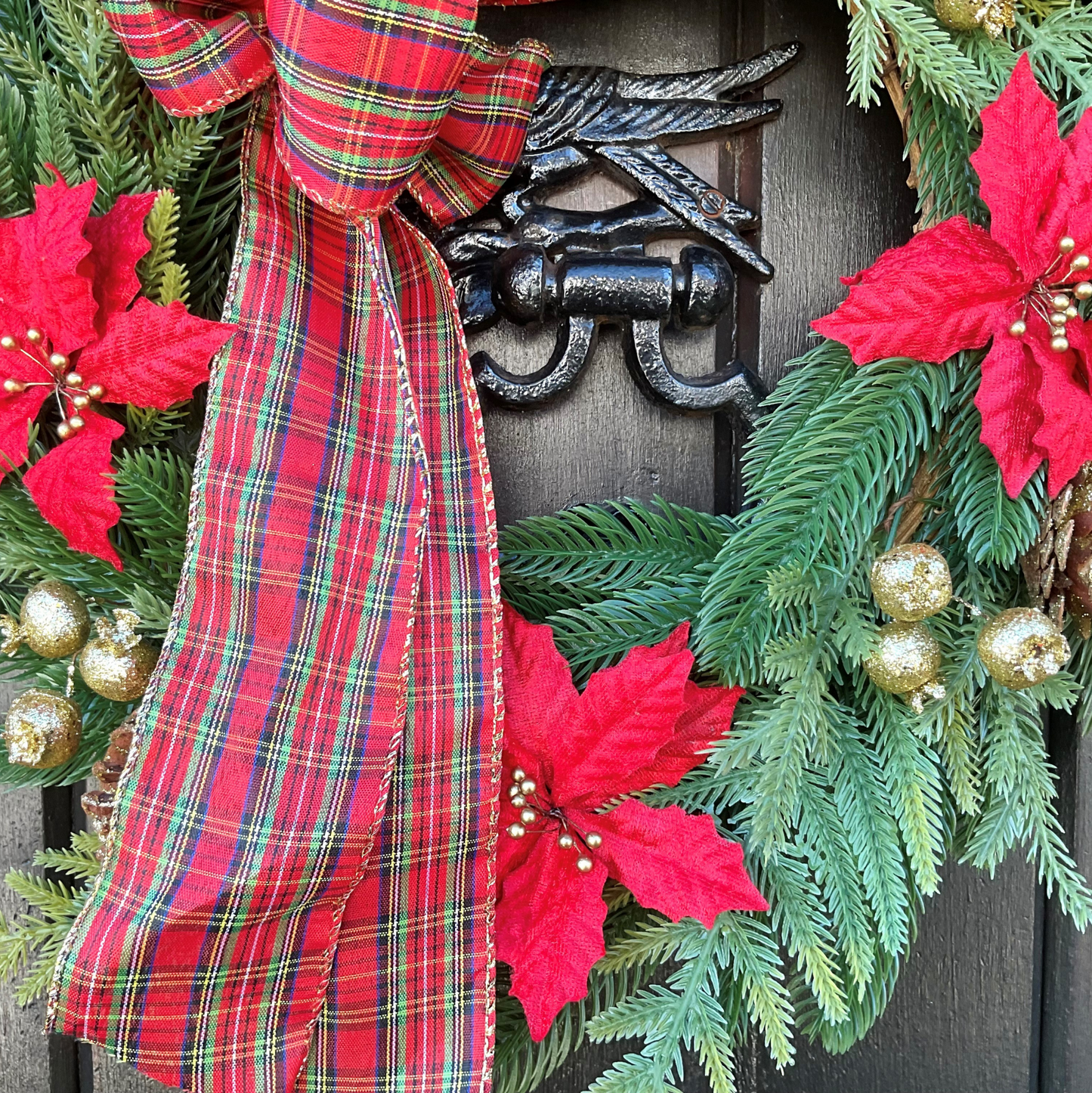 Christmas Wreath Red Poinsettias & Pinecones Finished With A Tartan Bow