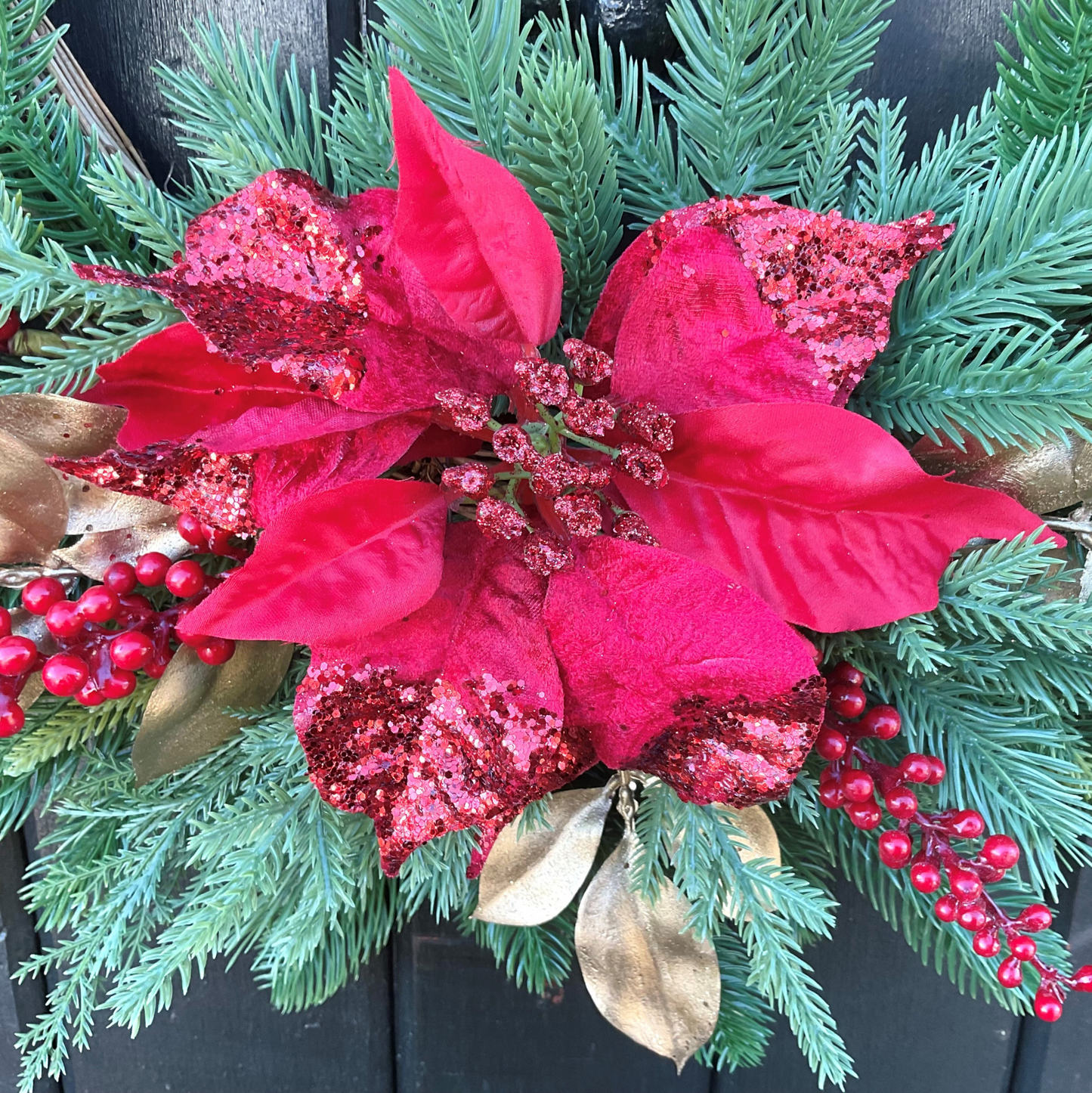 Red Poinsettia Red Berries On Gold Beech Leaves and Green Pines Half Style Door Wreath