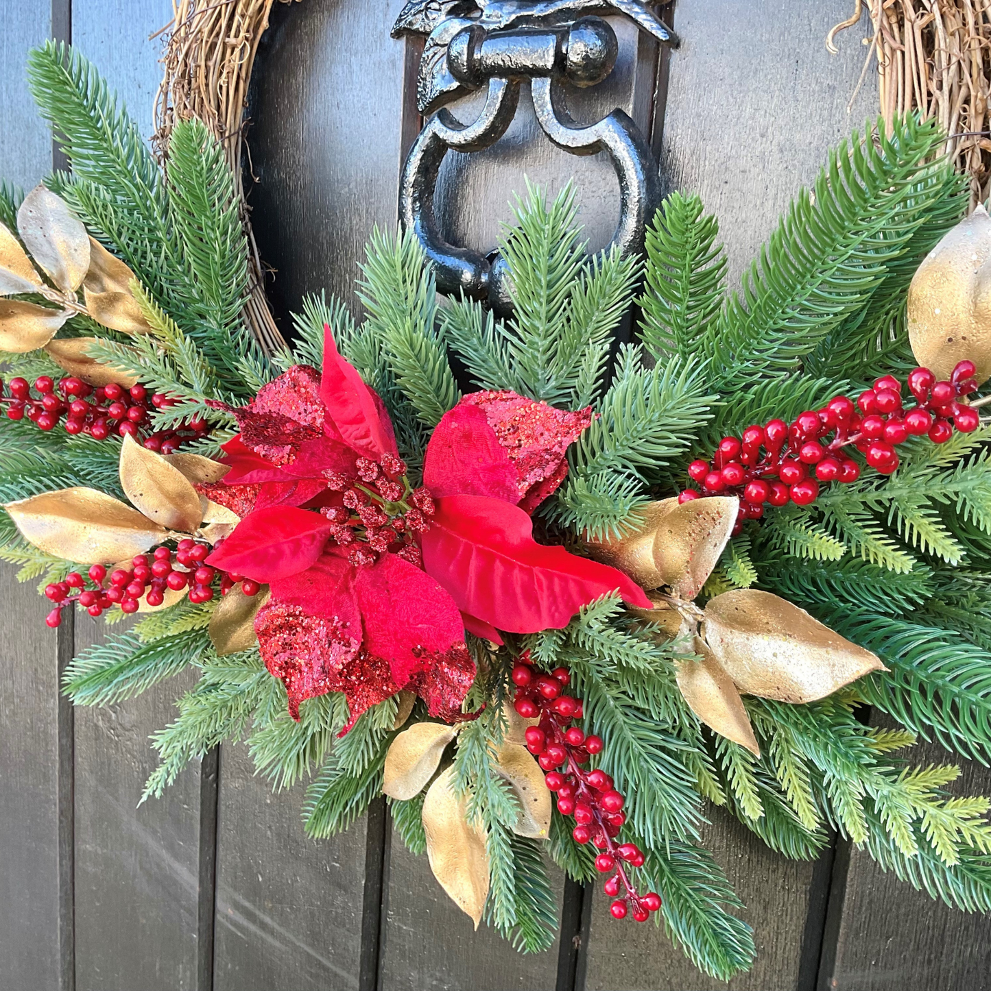 Red Poinsettia Red Berries On Gold Beech Leaves and Green Pines Half Style Door Wreath