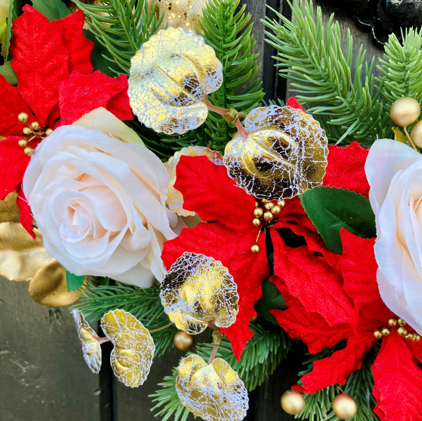 Christmas Ornate Rose and Poinsettia Half Door Wreath