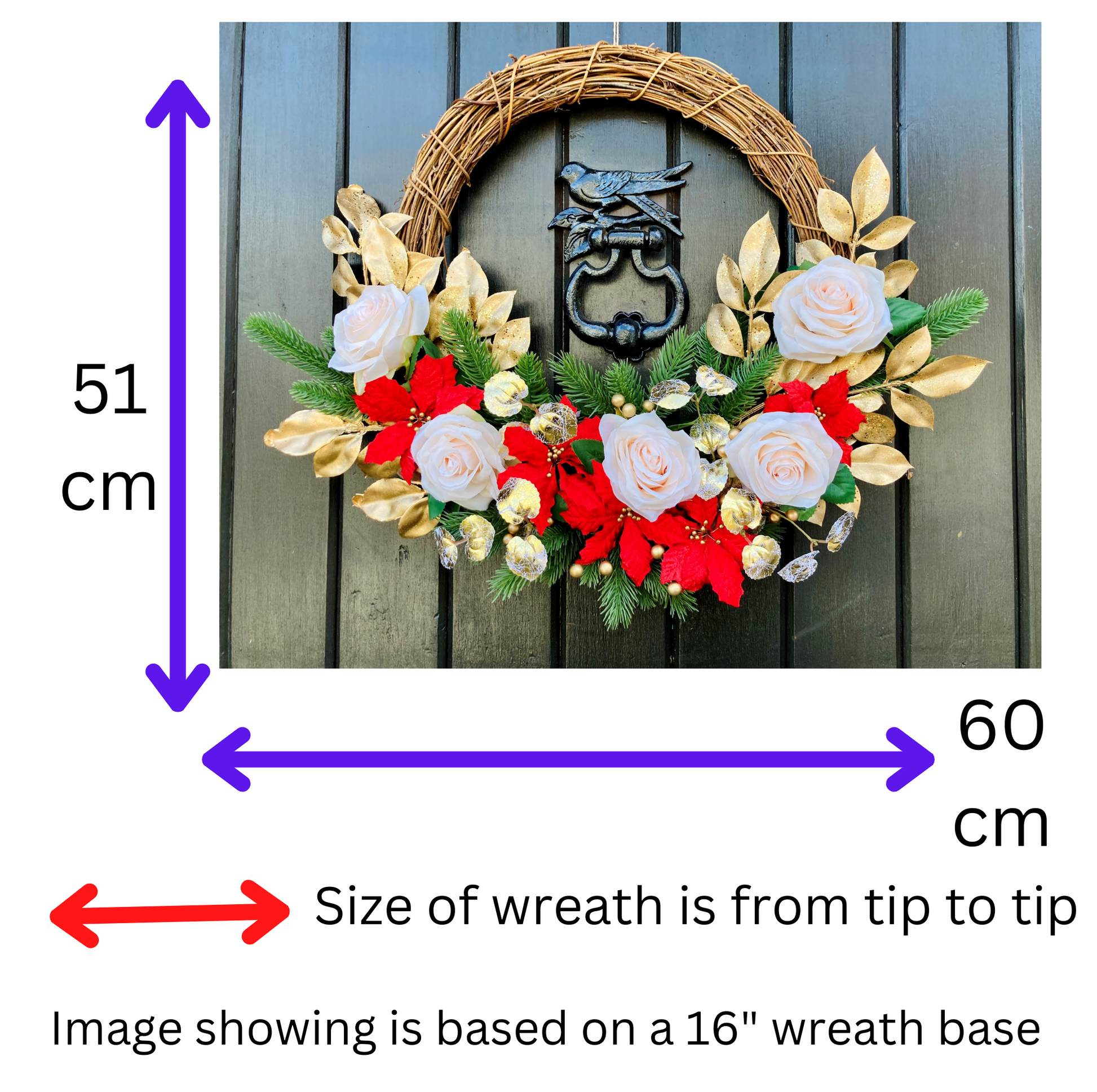 Christmas Ornate Rose and Poinsettia Half Door Wreath