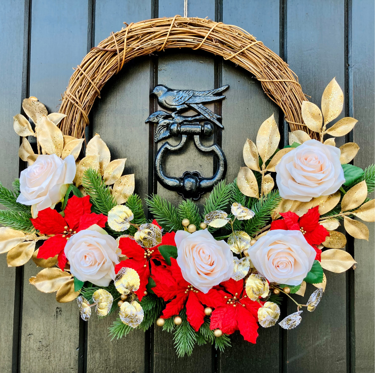 Christmas Ornate Rose and Poinsettia Half Door Wreath