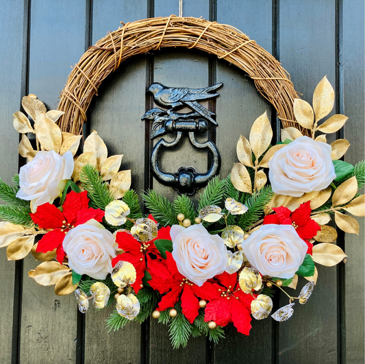 Christmas Ornate Rose and Poinsettia Half Door Wreath