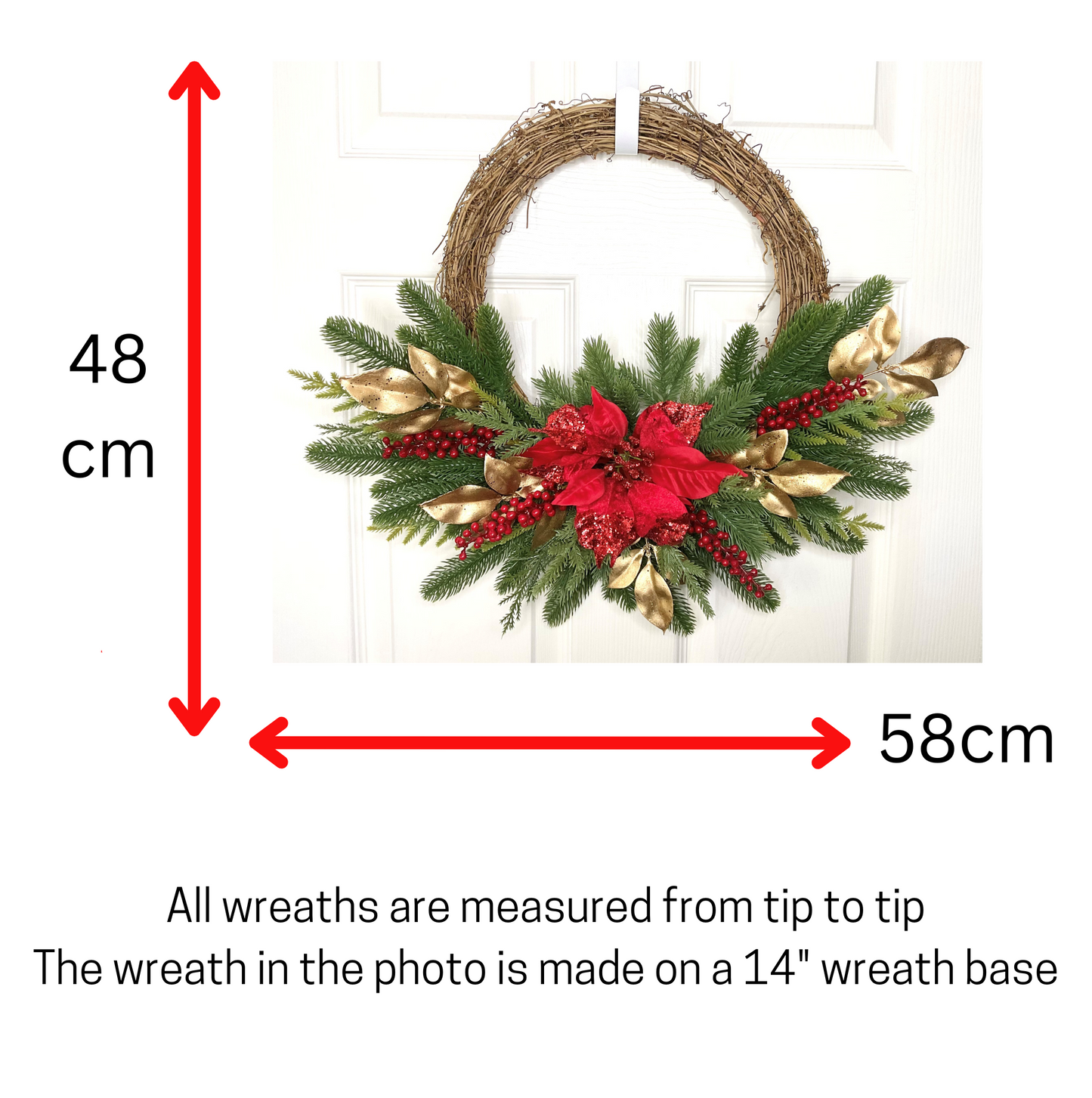 Red Poinsettia Red Berries On Gold Beech Leaves and Green Pines Half Style Door Wreath