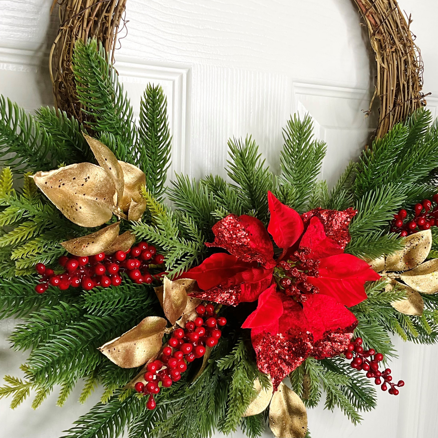 Red Poinsettia Red Berries On Gold Beech Leaves and Green Pines Half Style Door Wreath