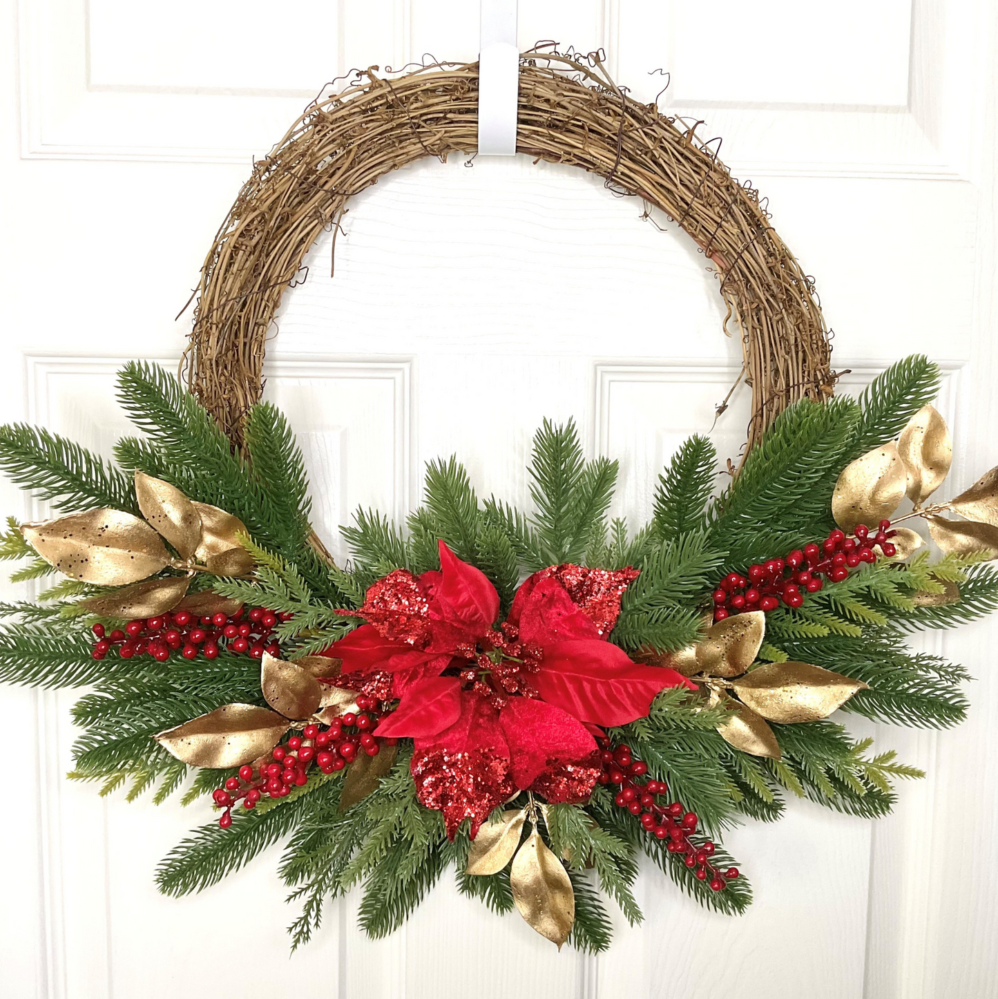 Red Poinsettia Red Berries On Gold Beech Leaves and Green Pines Half Style Door Wreath