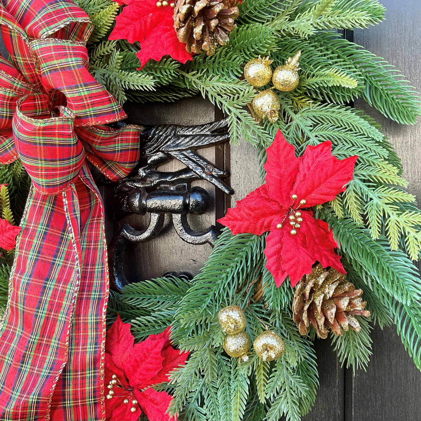 Christmas Wreath Red Poinsettias & Pinecones Finished With A Tartan Bow