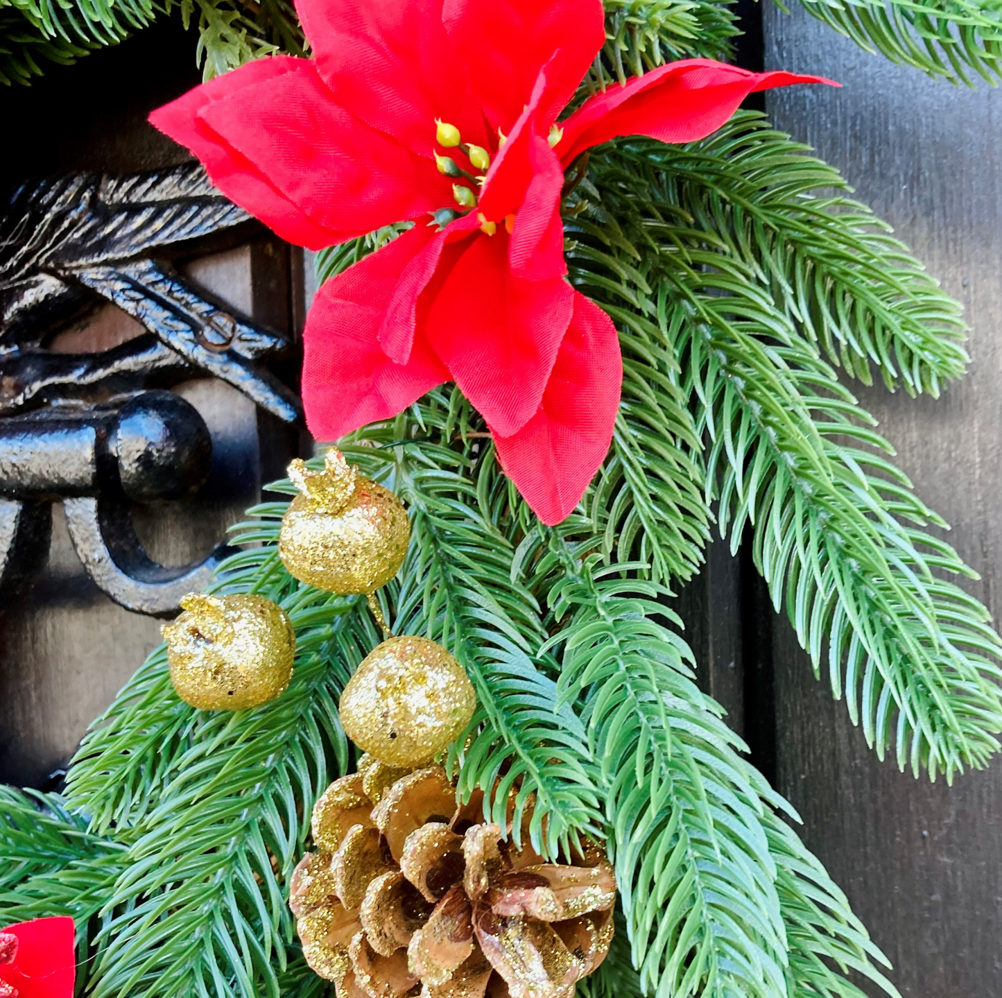 Christmas Wreath Red Poinsettias & Pinecones Finished With A Tartan Bow