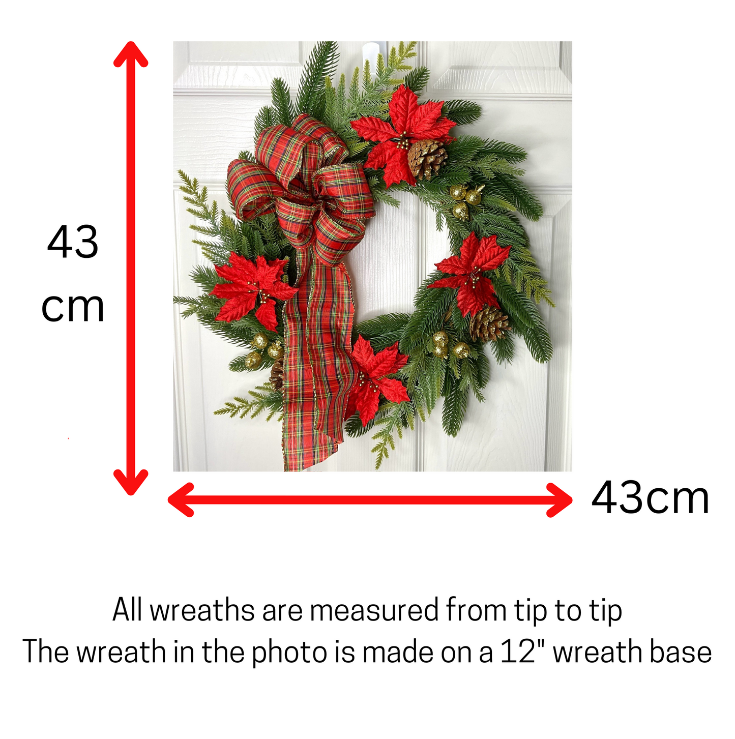 Christmas Wreath Red Poinsettias & Pinecones Finished With A Tartan Bow