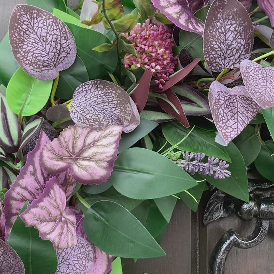 green ficus leaves, purple eucalyptus, mauve angel leaves, tradescantia leaves, autumn winter door wreath