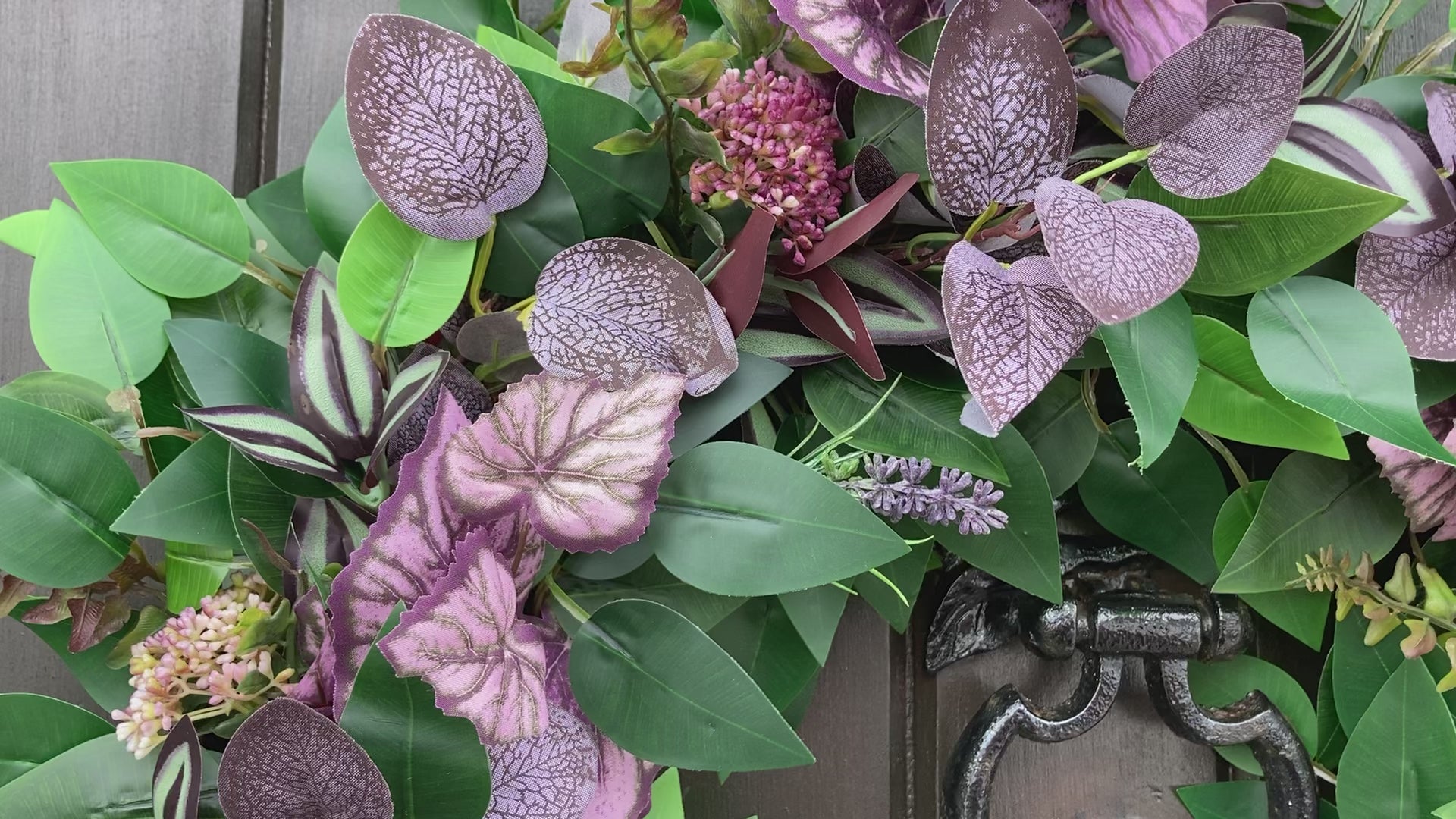 green ficus leaves, purple eucalyptus, mauve angel leaves, tradescantia leaves, autumn winter door wreath