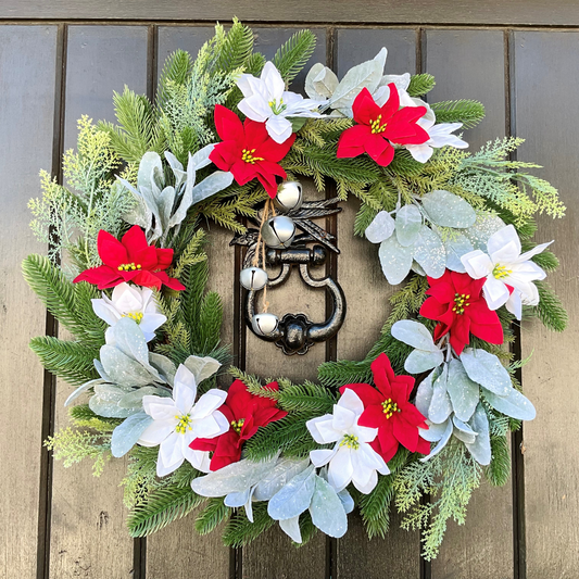 Red and White Poinsettia's Christmas Door Wreath, Set on Lamb's Ears, Cedar Leaves, Pines