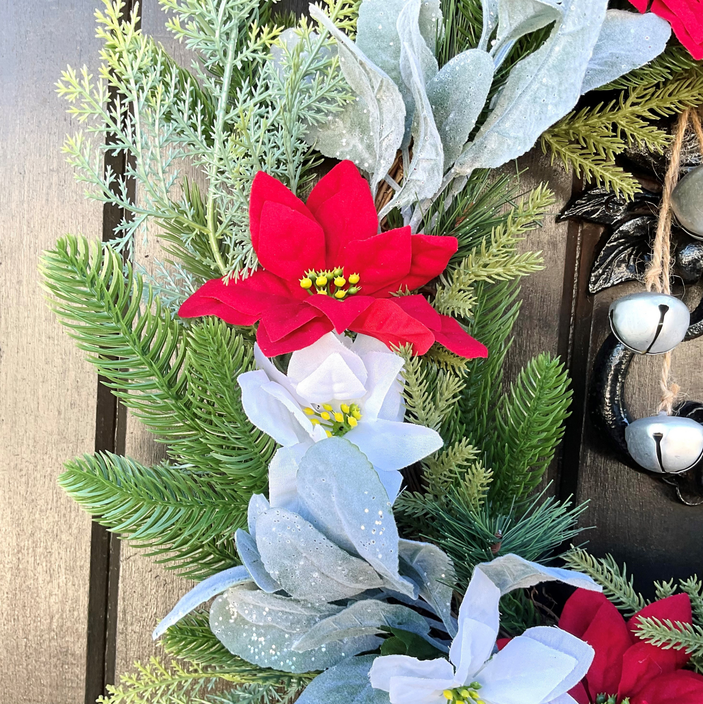 Red and White Poinsettia's Christmas Door Wreath, Set on Lamb's Ears, Cedar Leaves, Pines