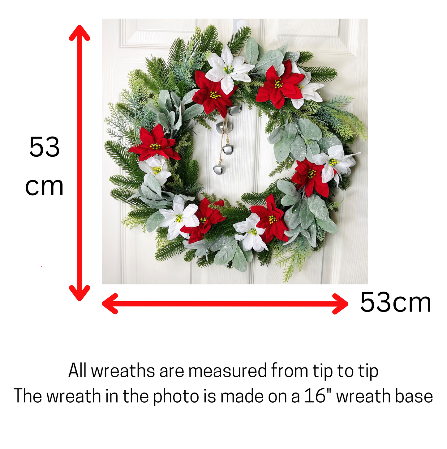 Red and White Poinsettia's Christmas Door Wreath, Set on Lamb's Ears, Cedar Leaves, Pines