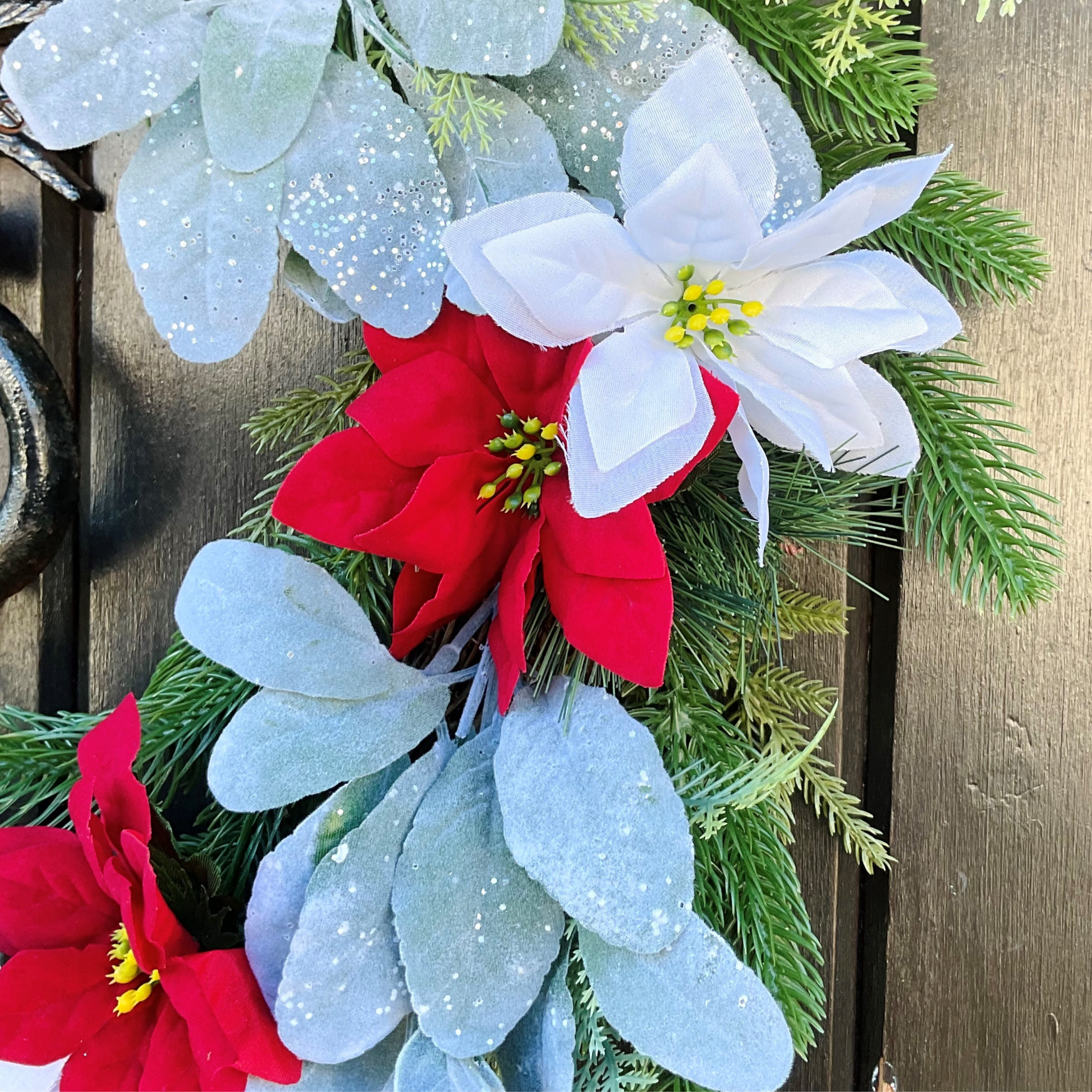 Red and White Poinsettia's Christmas Door Wreath, Set on Lamb's Ears, Cedar Leaves, Pines