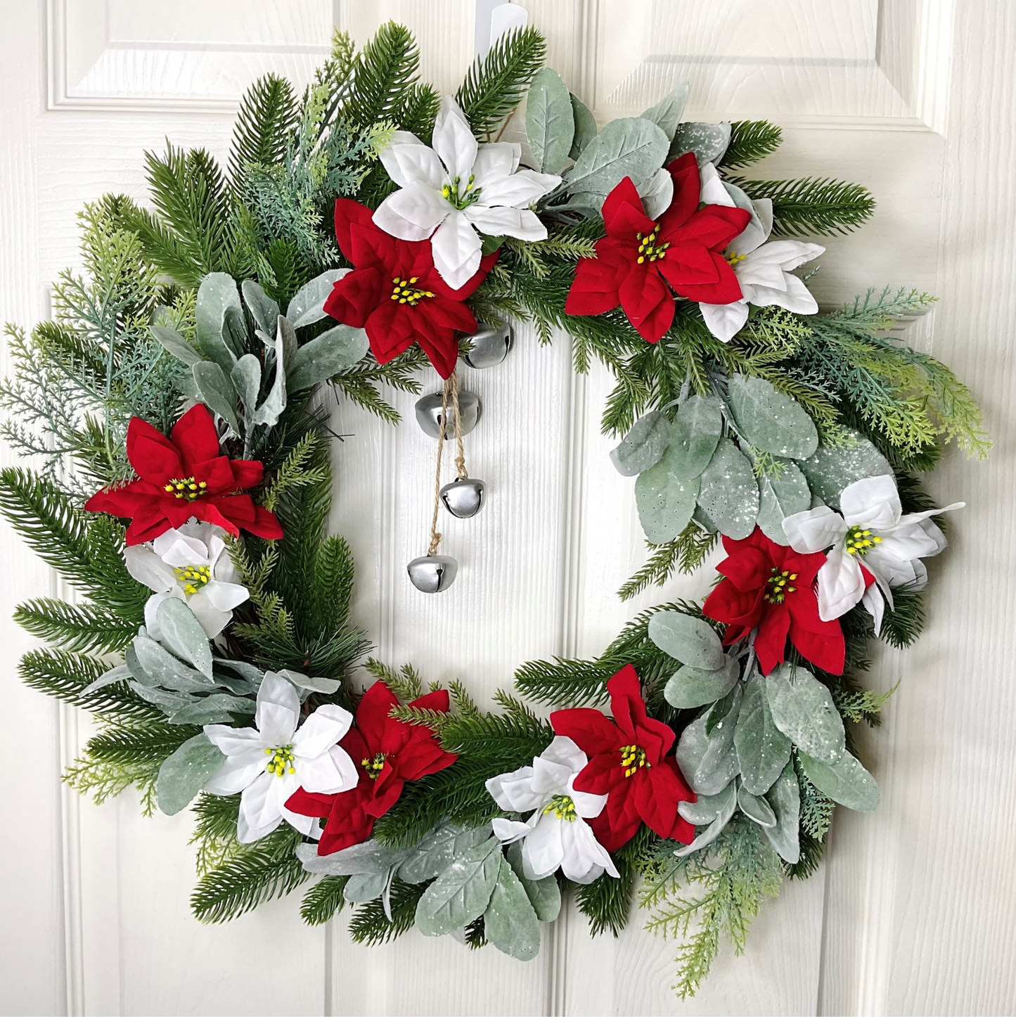 Red and White Poinsettia's Christmas Door Wreath, Set on Lamb's Ears, Cedar Leaves, Pines